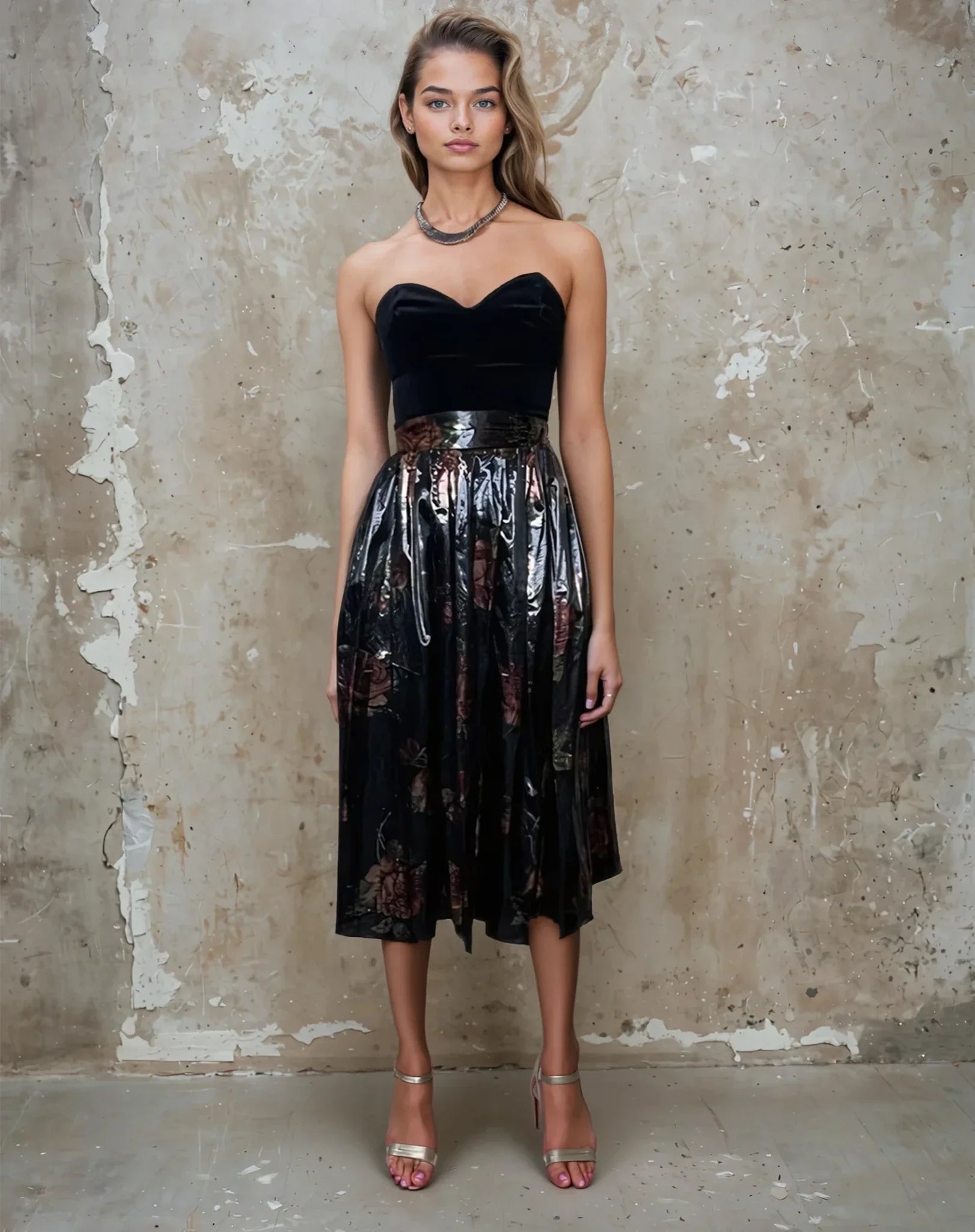 Original 1970's Vintage Black Velvet & Bronze Floral Print Dress by Radley UK 8 - 12