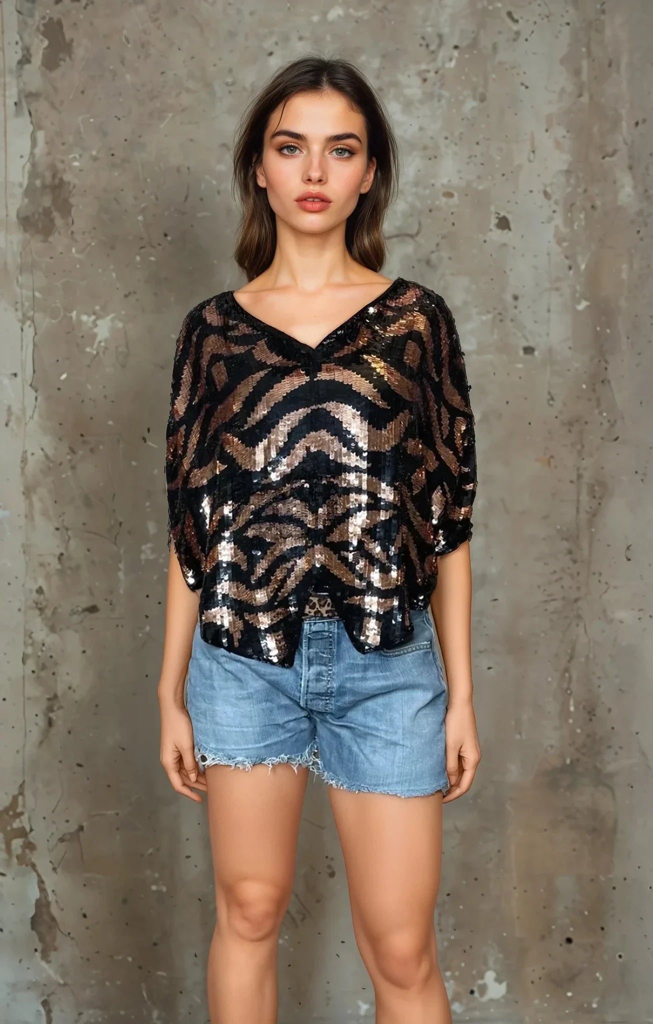 Original 1990's Vintage Tiger Print Black & Bronze Sequin Top UK 8 - 12