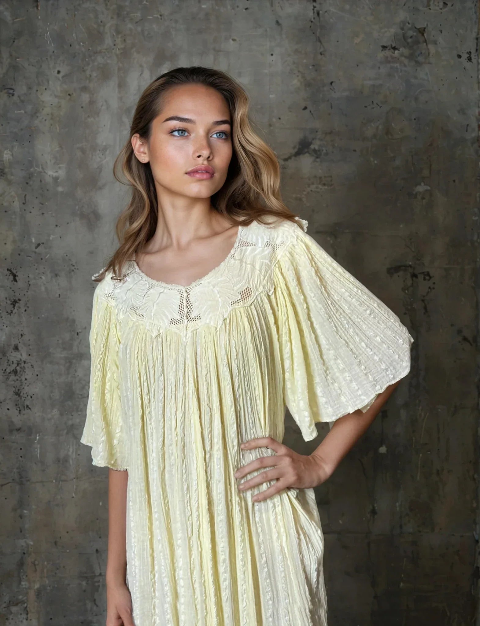 Original 1970's Vintage Cheesecloth Yellow Dress UK 8 - 12