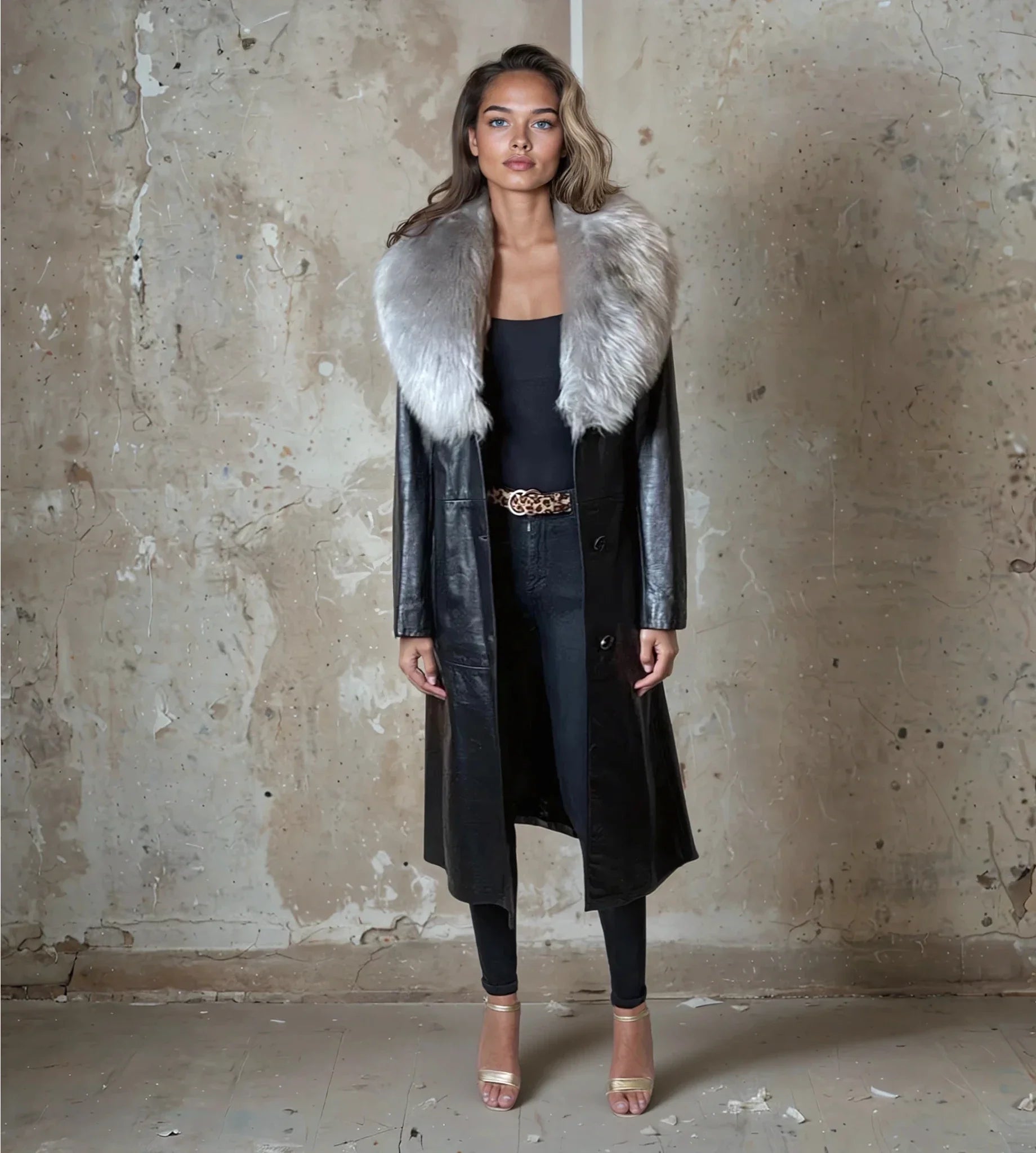 Original 1970's Vintage Black Leather & Sheepskin Coat UK 12 - 16