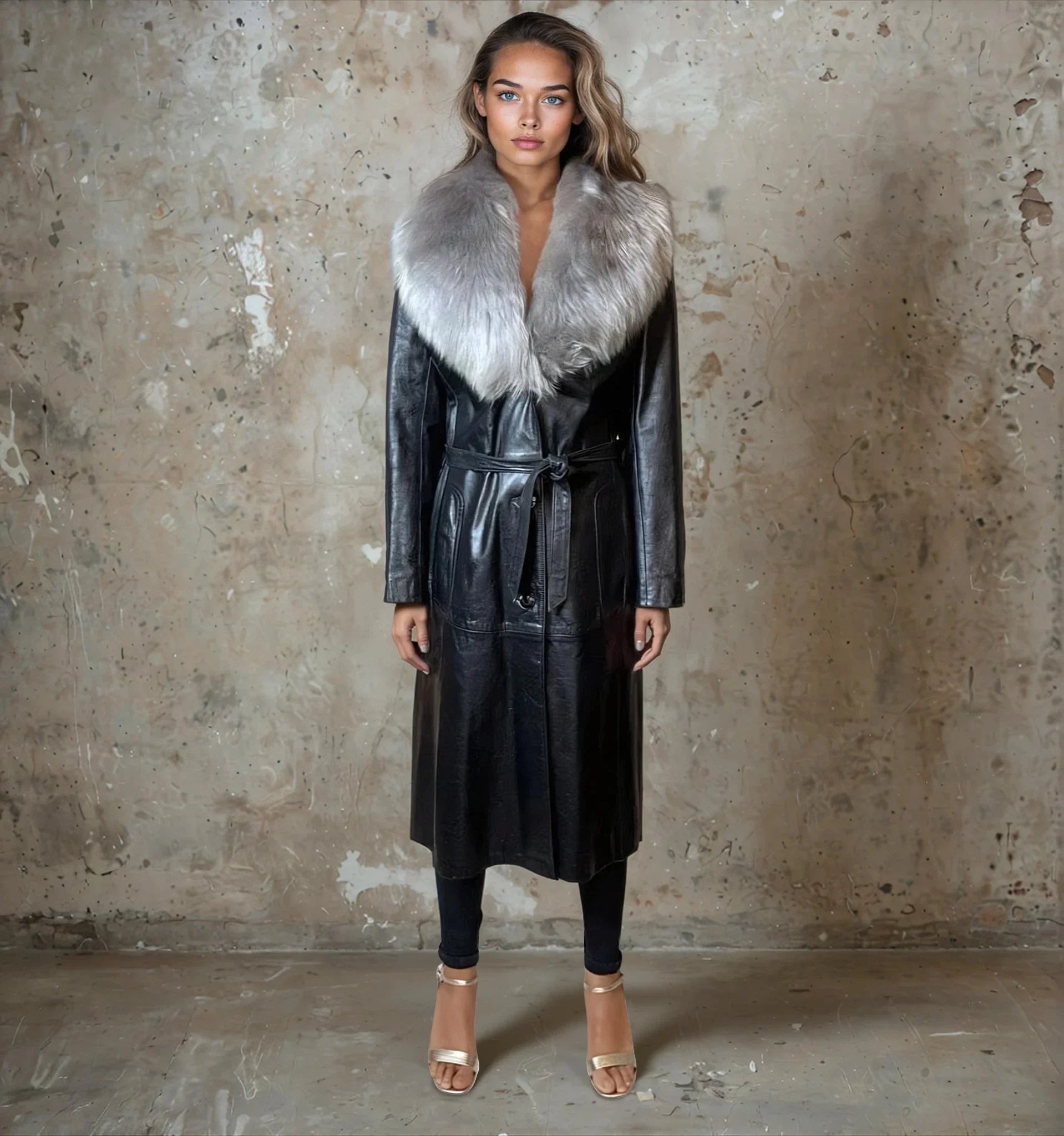 Original 1970's Vintage Black Leather & Sheepskin Coat UK 12 - 16