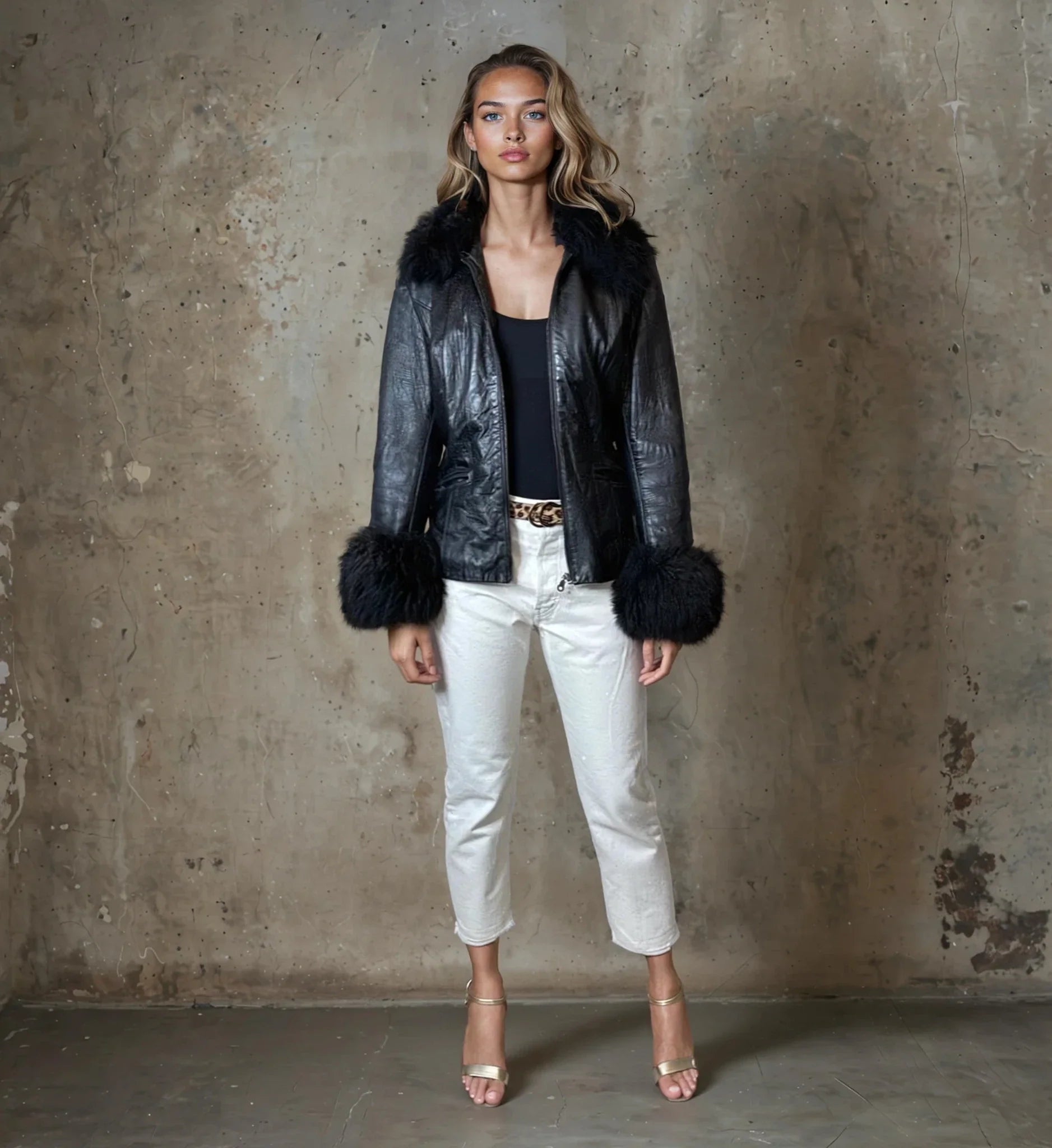 Super Cute Original Vintage 1980's Black Leather & Sheepskin Coat UK 8 - 12