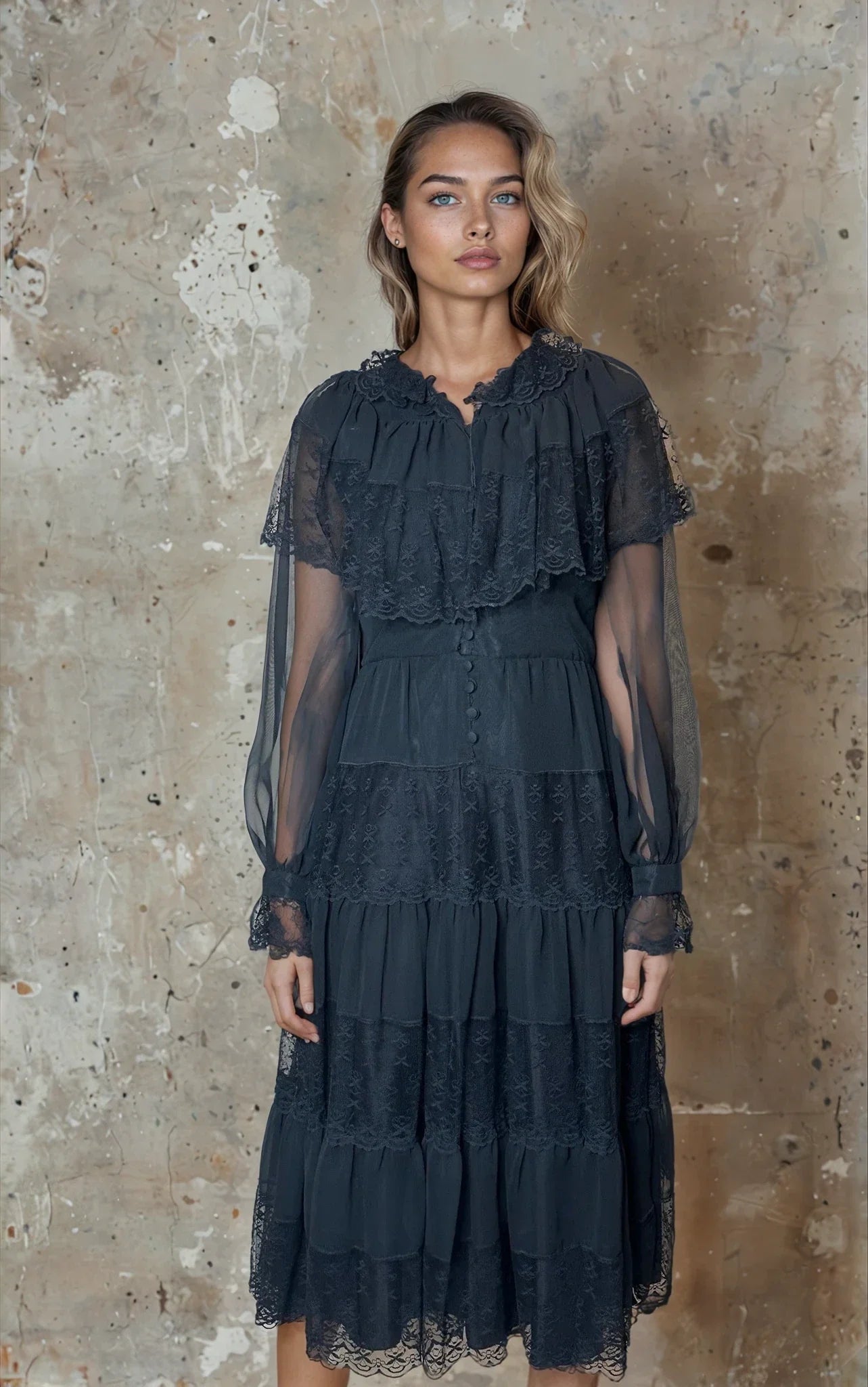 Original 1970's Vintage Black Sheer & Lace Dress UK 12 - 14