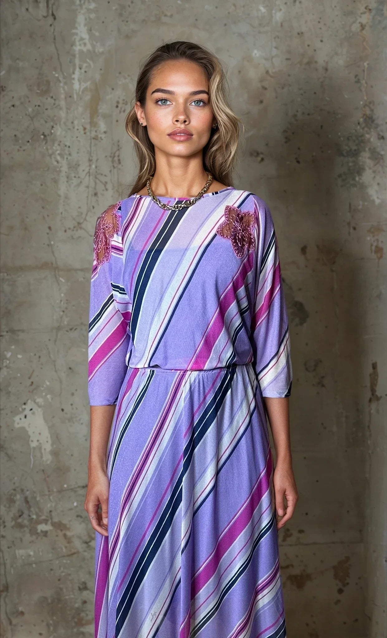 Original 1970's Vintage Virginie Paris Purple Slinky Dress UK 8 - 12