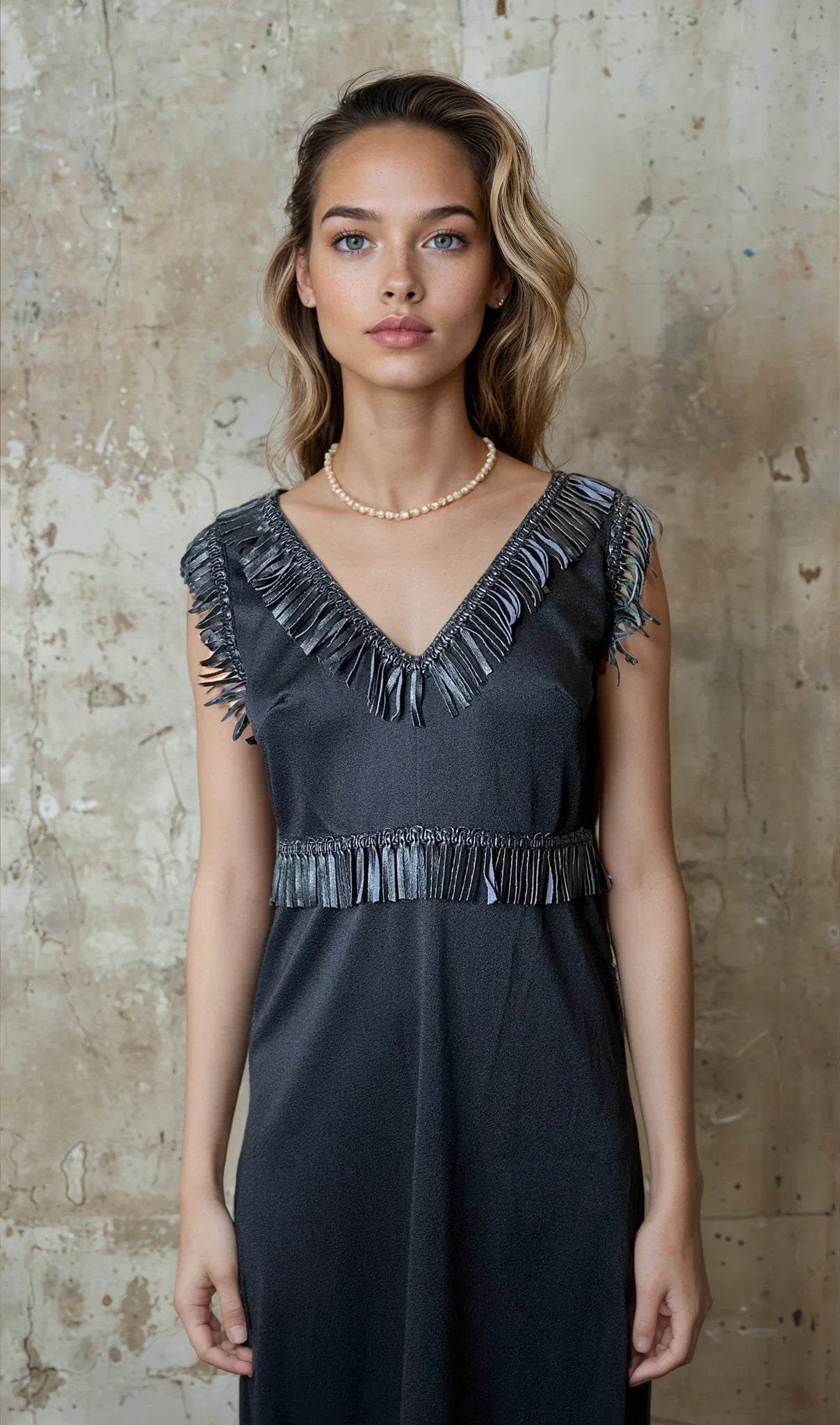 Unique Original Vintage 1970's Black & Faux Leather Detailed Maxi Dress UK 14 - 16