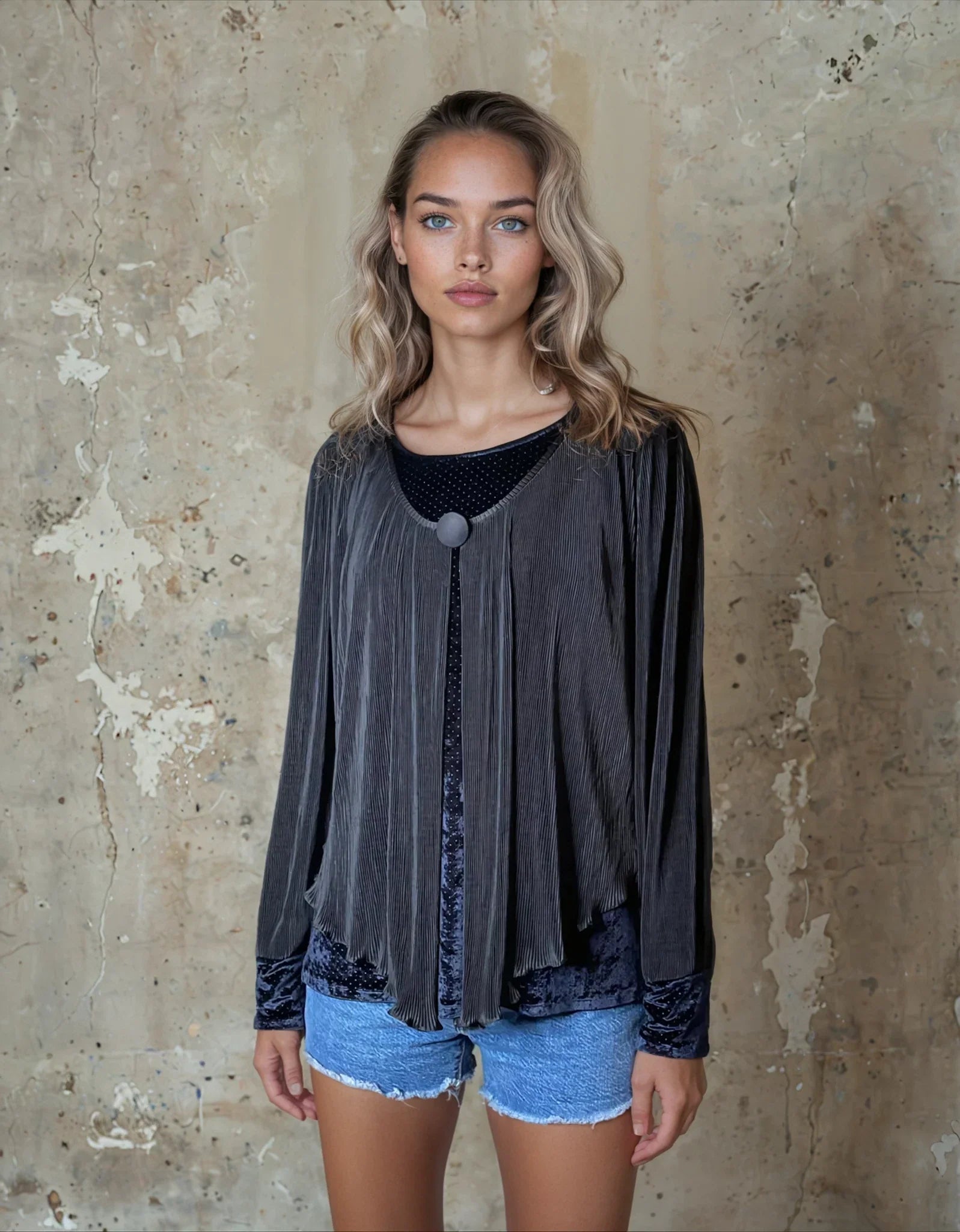 Original Vintage 1980's Black Oversized Pleated Top With Navy Velvet Detailing UK 10 - 14