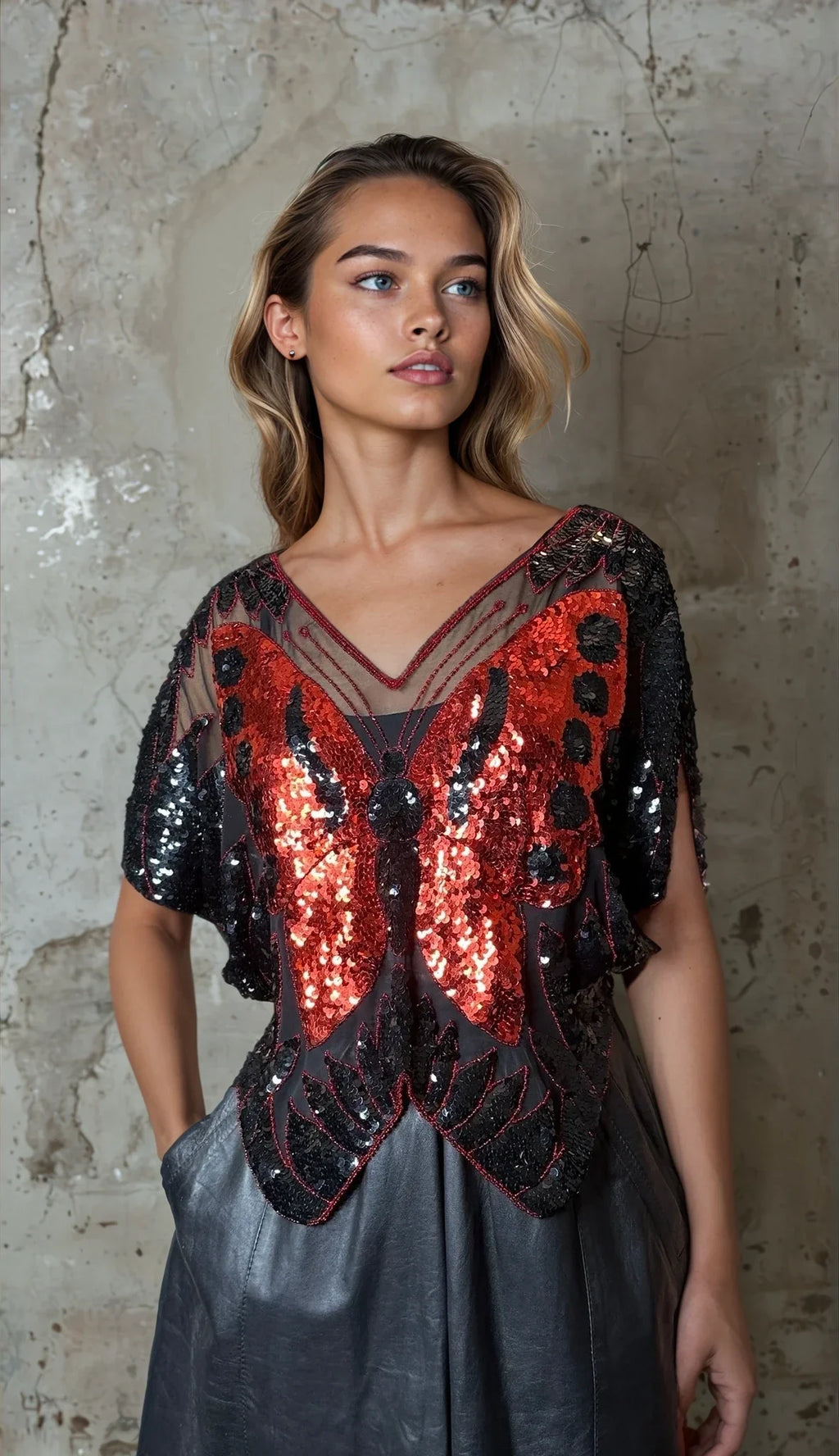 Original 1970's Vintage Black / Red Sequinned Butterfly Top UK 8 - 12