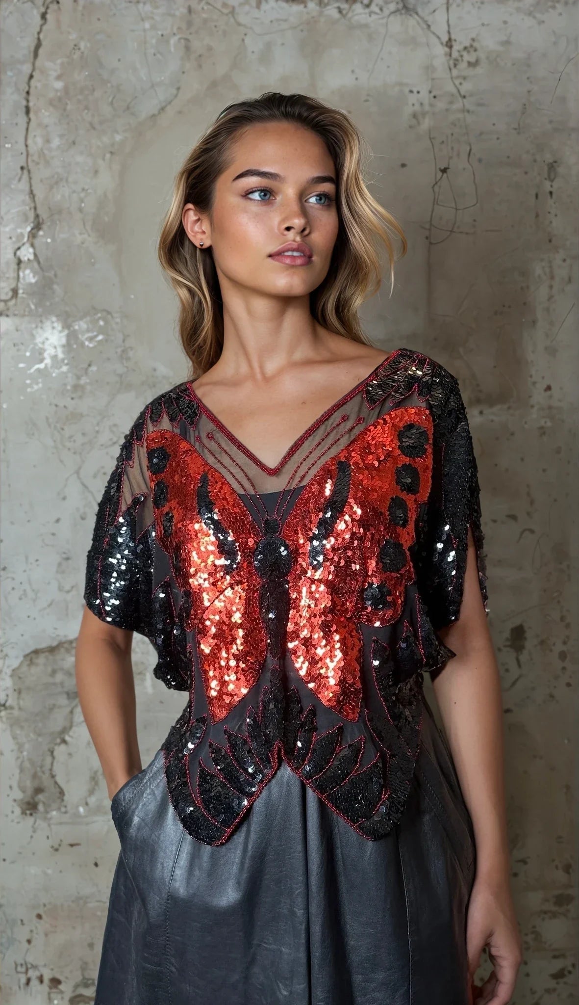 Original 1970's Vintage Black / Red Sequinned Butterfly Top UK 8 - 12