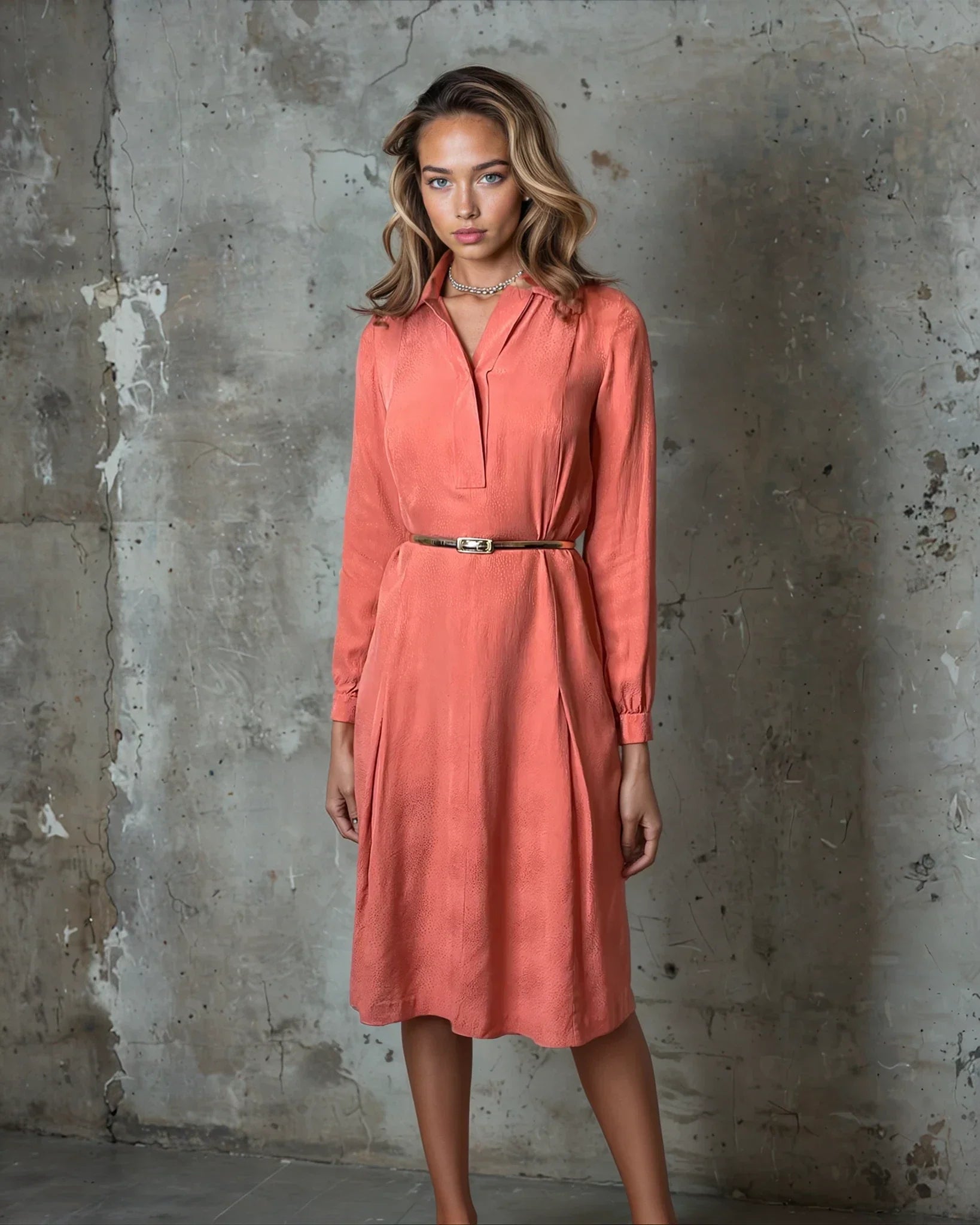 Vintage 1970's Original Pure Silk Orange Long Sleeved Shirt Dress UK 10 - 12