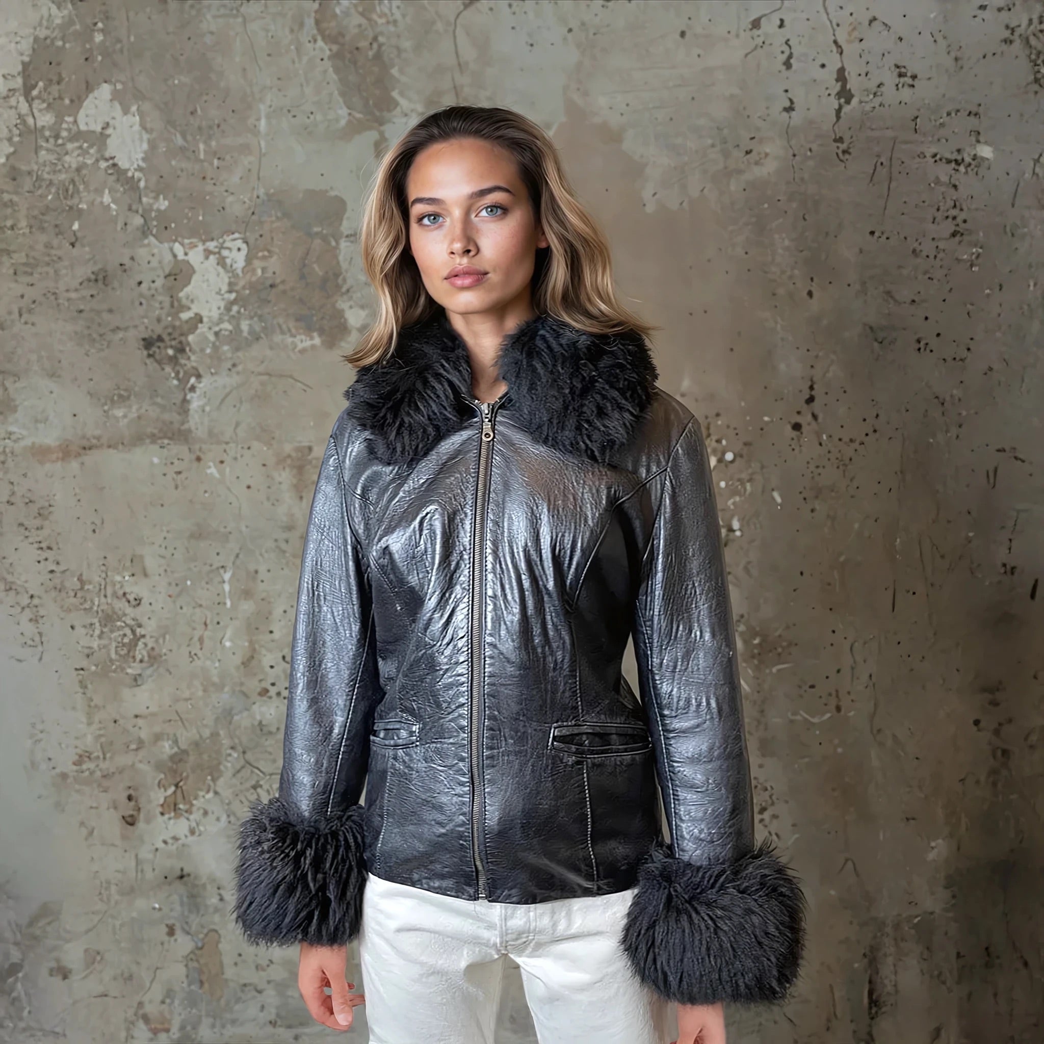 Super Cute Original Vintage 1980's Black Leather & Sheepskin Coat UK 8 - 12