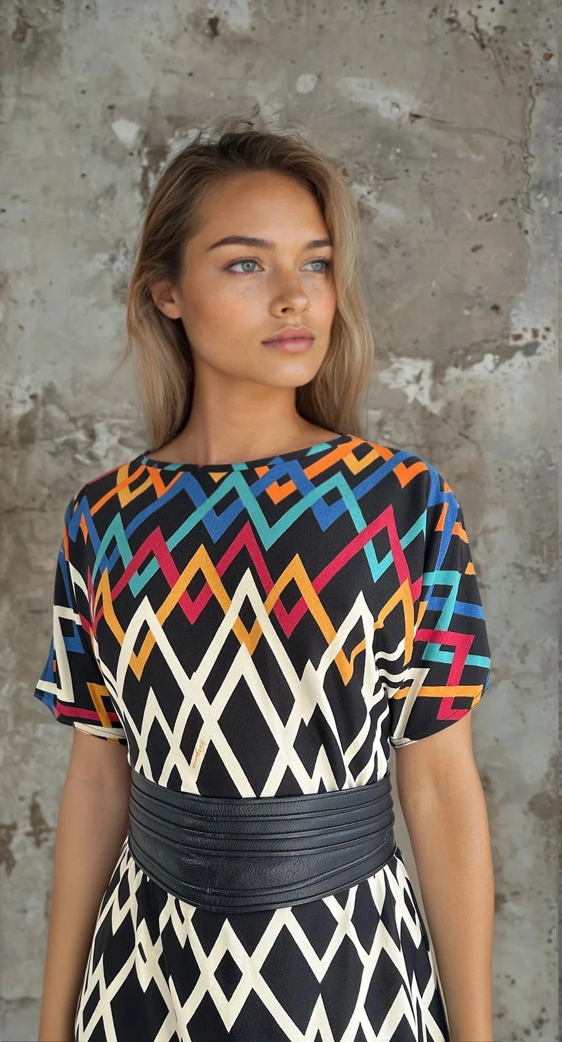 Stunning Original Vintage 1980's Virginie Paris Geometric Print Dress UK 8 - 12