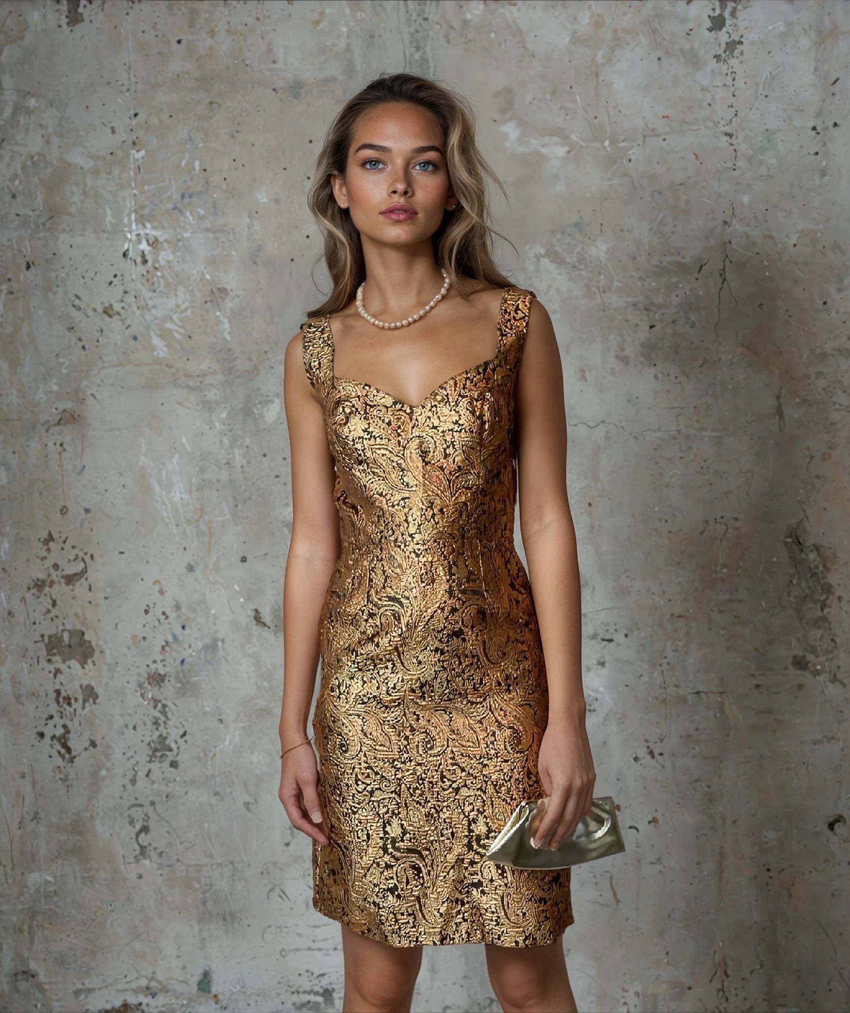 Gorgeous Original Vintage 1970's Gold / Bronze Brocade Dress UK 10 - 14