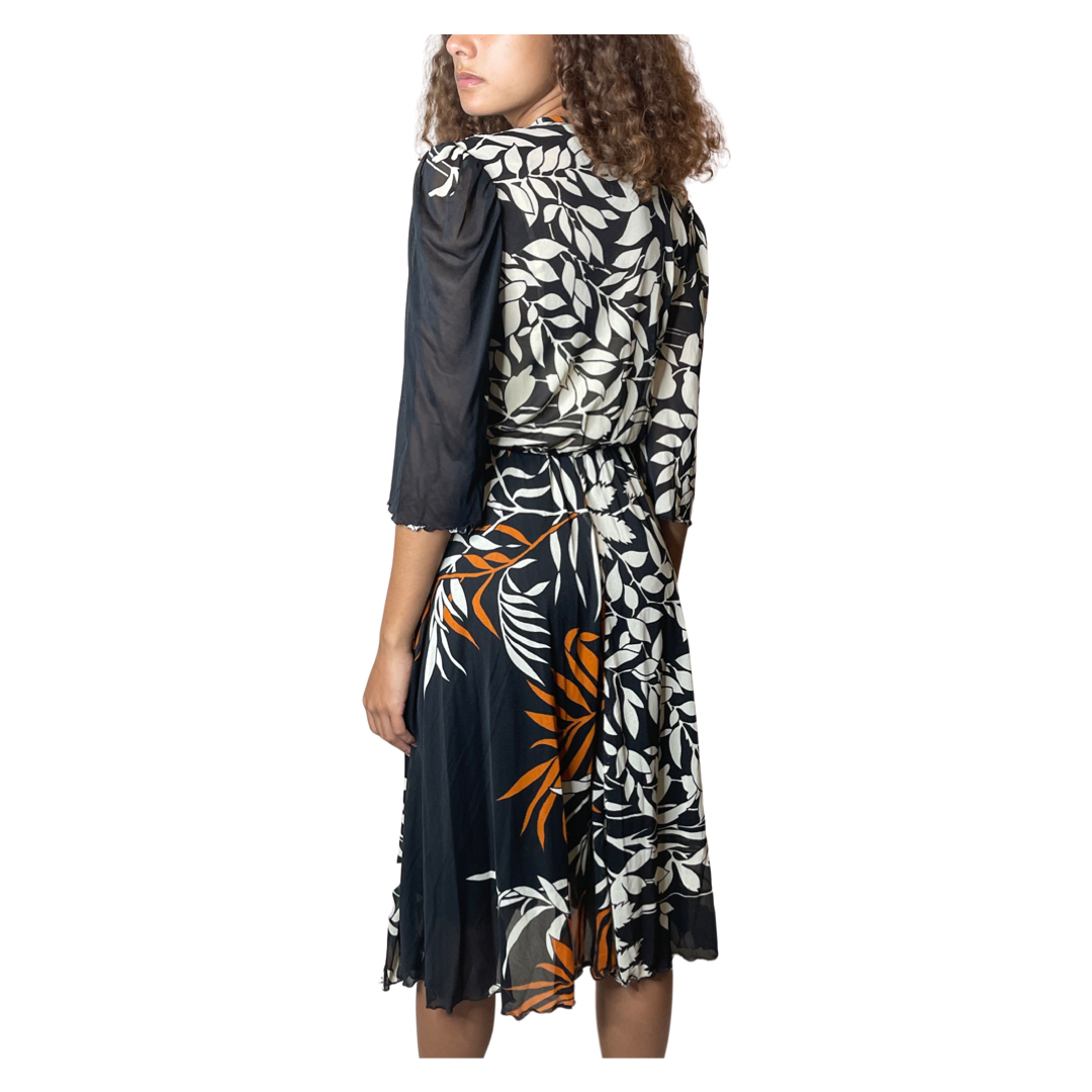 Original 1970's Vintage Black Floral Dress UK 10 - 12