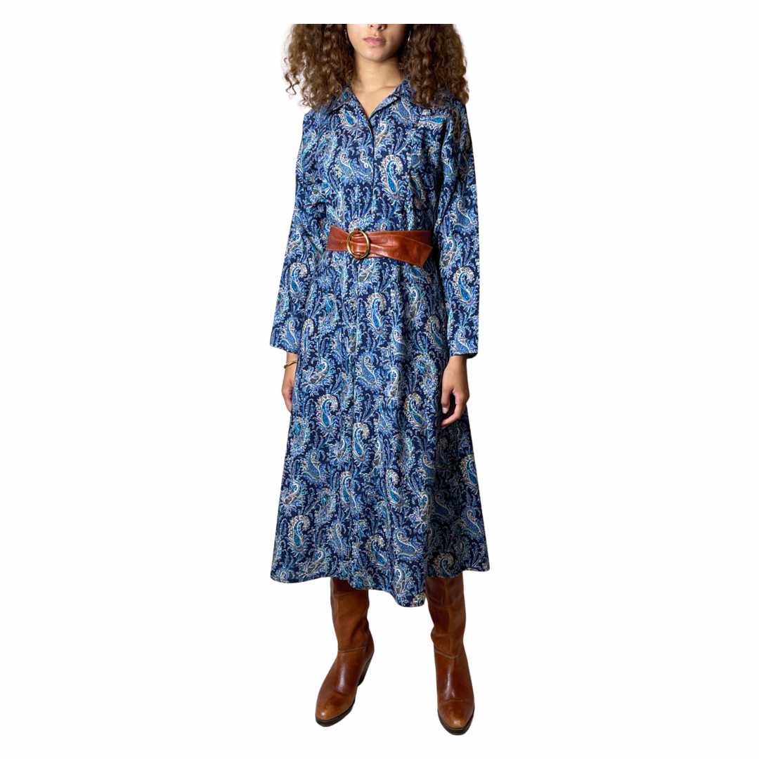 Original Vintage 1970's Liberty Print 100% Wool Paisley Print Blue Dress UK 10 - 12