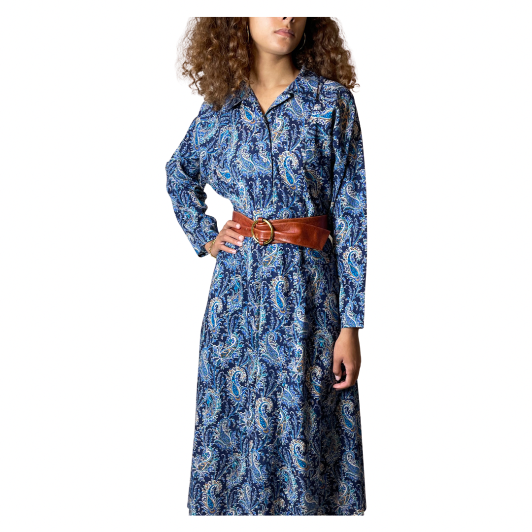 Original Vintage 1970's Liberty Print 100% Wool Paisley Print Blue Dress UK 10 - 12