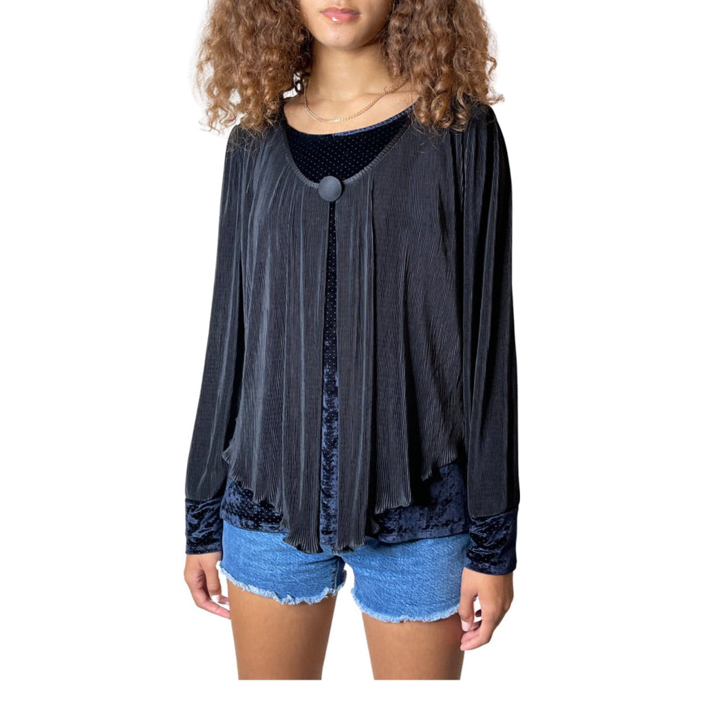 Original Vintage 1980's Black Oversized Pleated Top With Navy Velvet Detailing UK 10 - 14