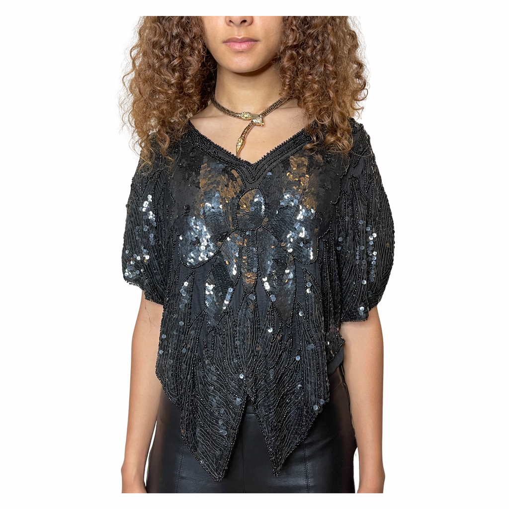 Original Vintage Late 1970's Black Silk Sequin Butterfly Top