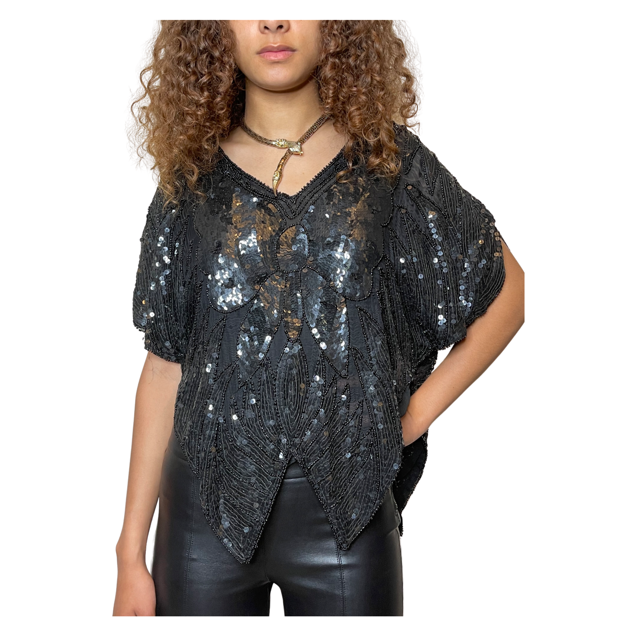 Original Vintage Late 1970's Black Silk Sequin Butterfly Top