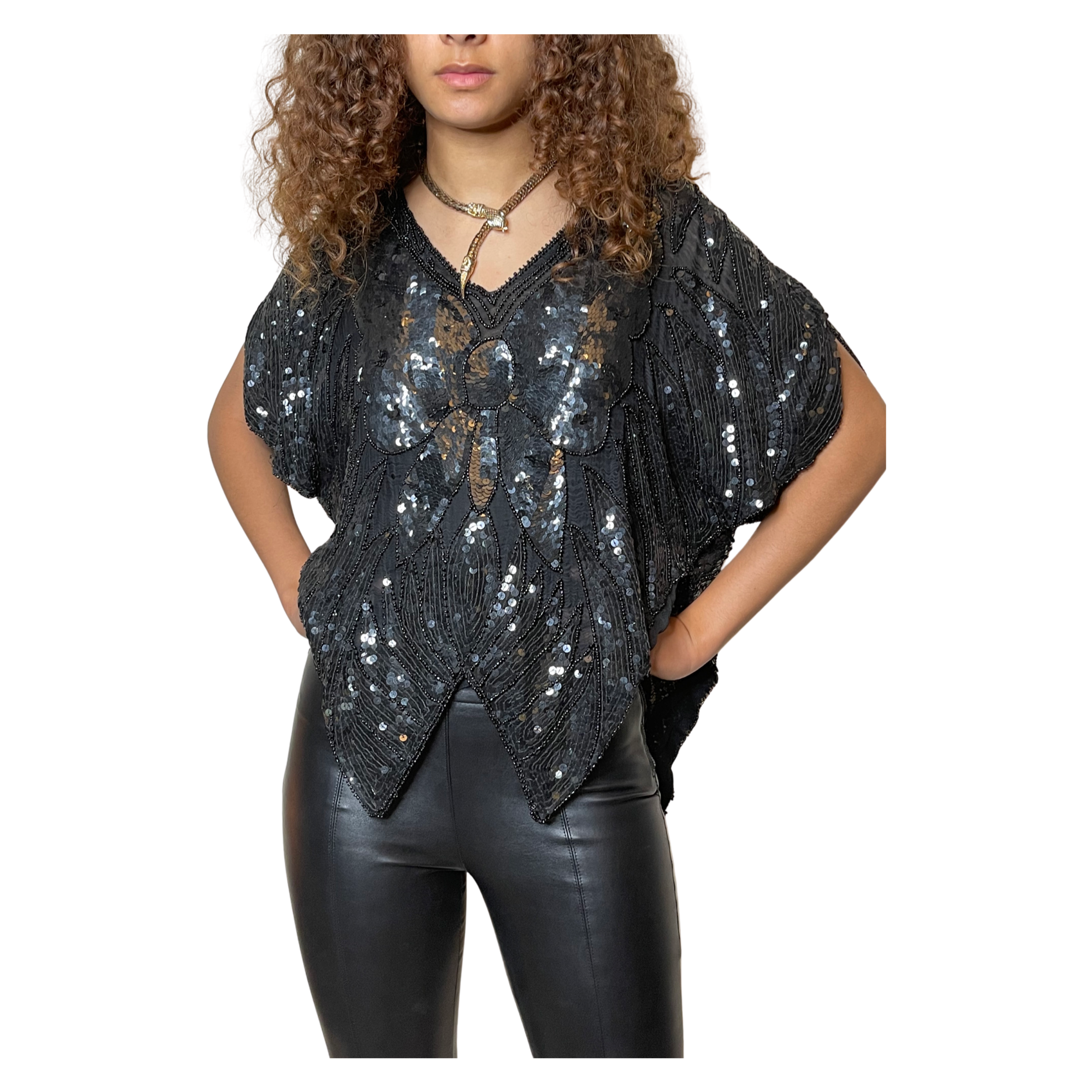 Original Vintage Late 1970's Black Silk Sequin Butterfly Top