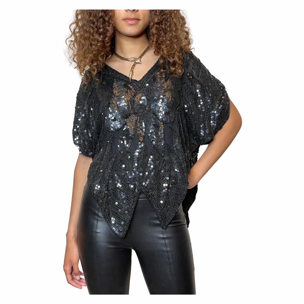 Original Vintage Late 1970's Black Silk Sequin Butterfly Top