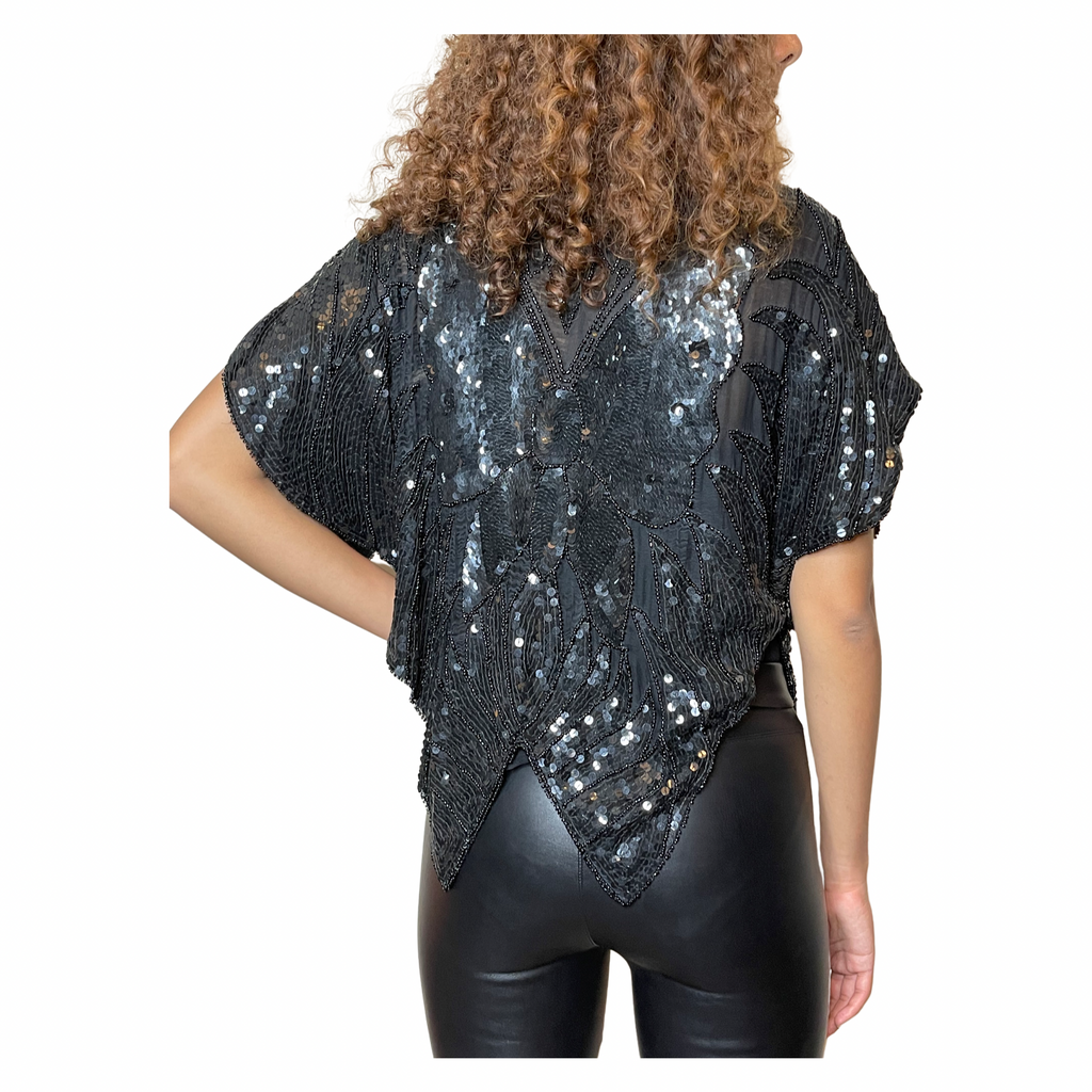 Original Vintage Late 1970's Black Silk Sequin Butterfly Top
