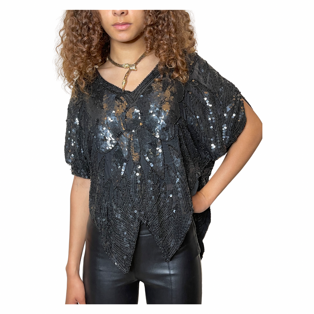 Original Vintage Late 1970's Black Silk Sequin Butterfly Top