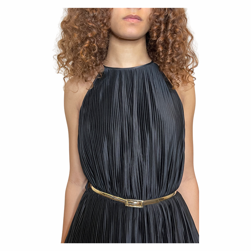 Vintage 1970's Black Thin Pleated & Tiered High Collar Dress UK 10 - 12