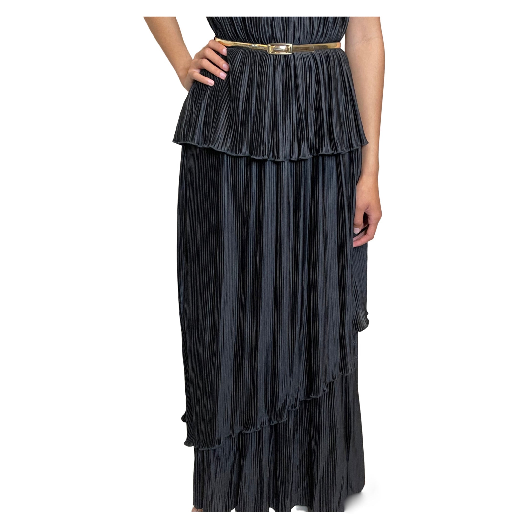 Vintage 1970's Black Thin Pleated & Tiered High Collar Dress UK 10 - 12