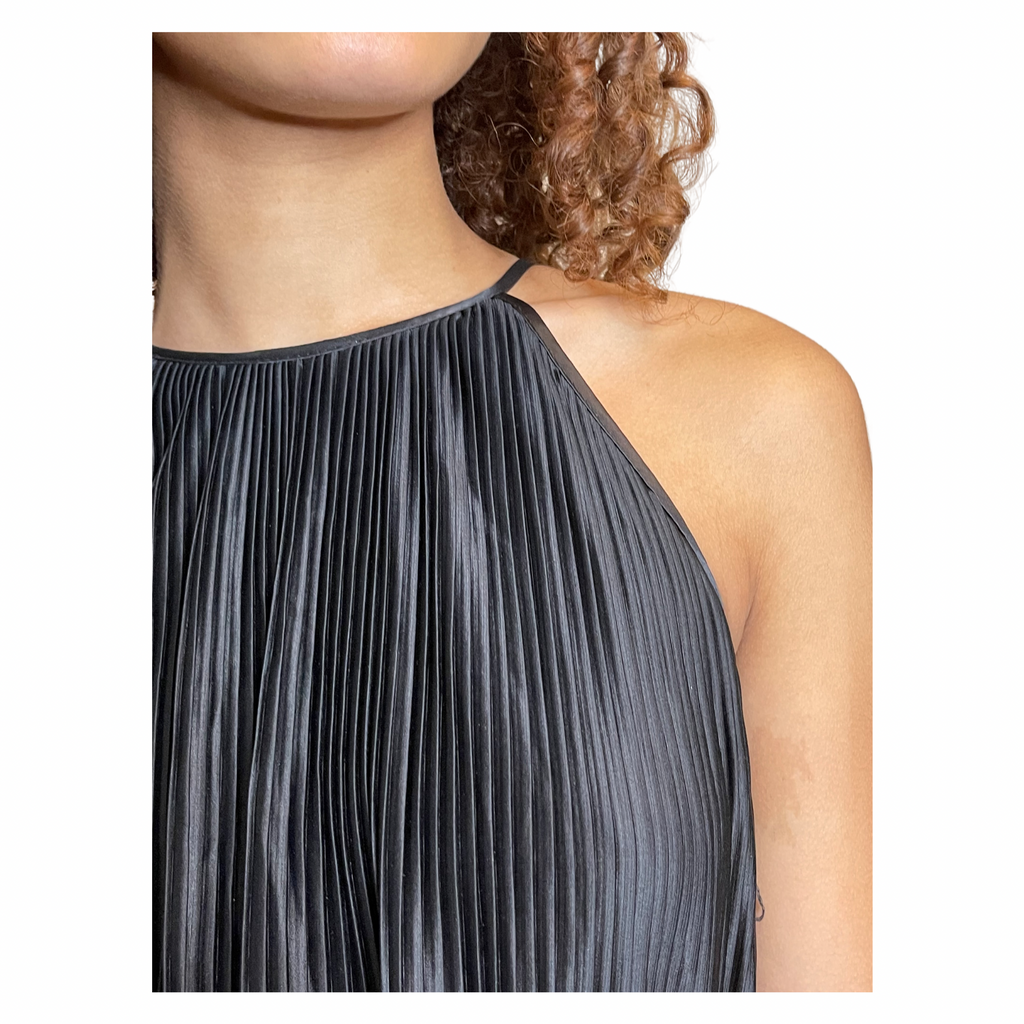 Vintage 1970's Black Thin Pleated & Tiered High Collar Dress UK 10 - 12