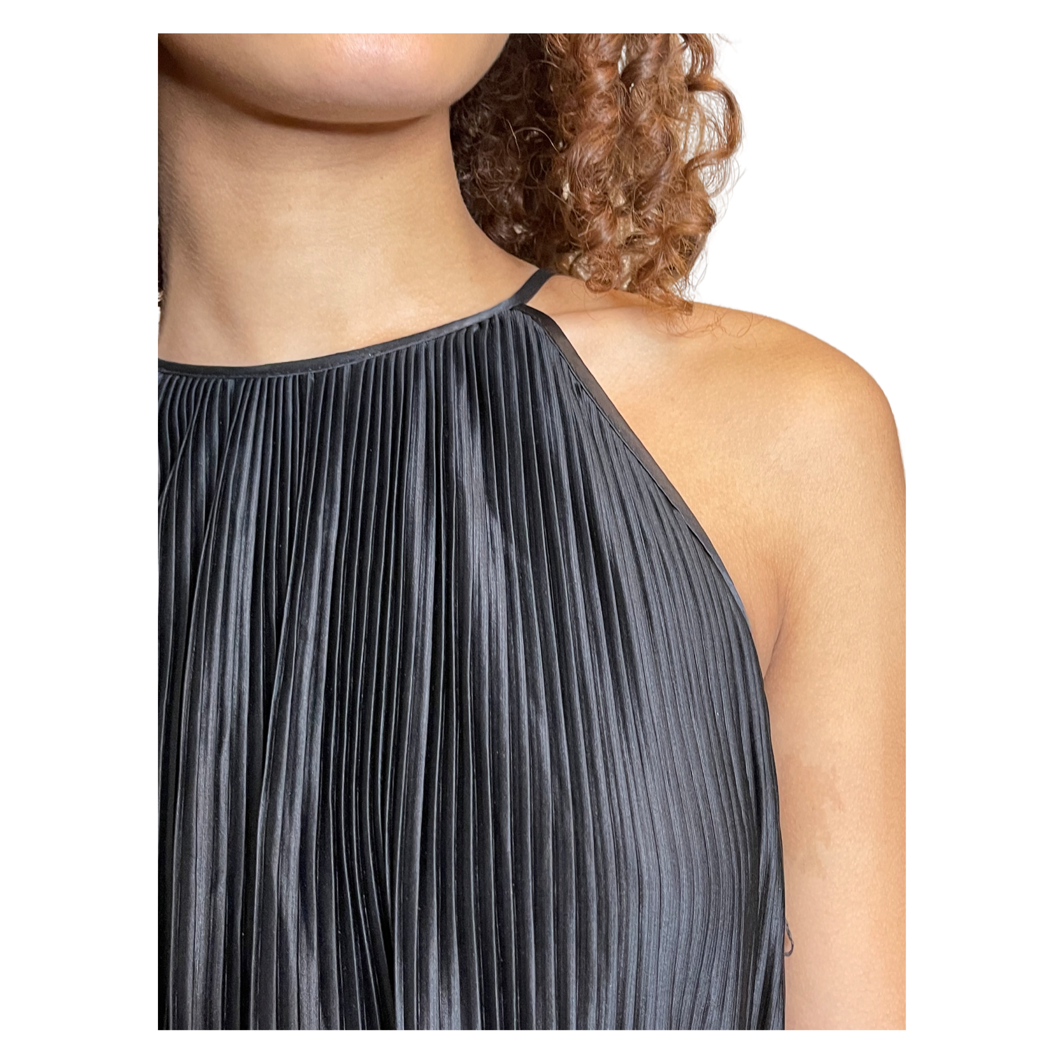 Vintage 1970's Black Thin Pleated & Tiered High Collar Dress UK 10 - 12