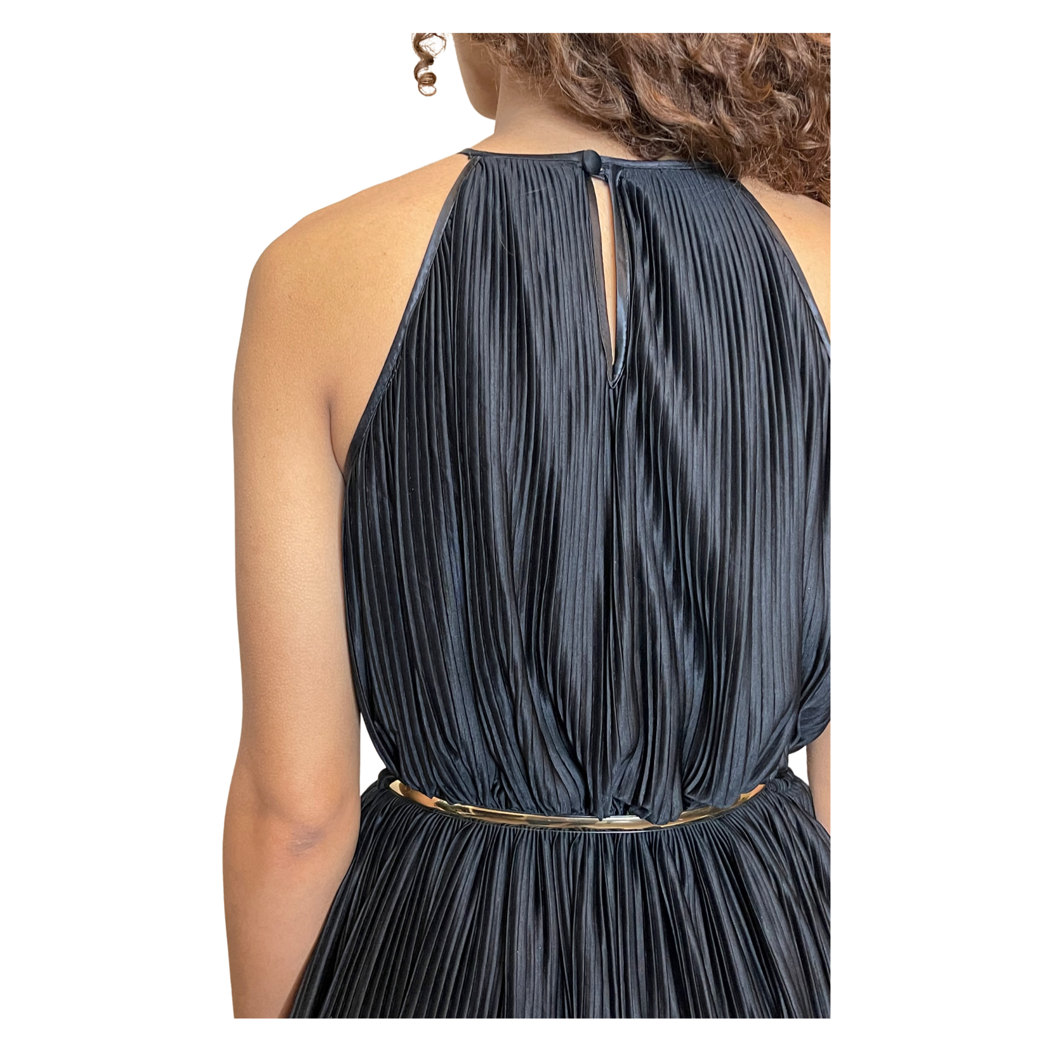 Vintage 1970's Black Thin Pleated & Tiered High Collar Dress UK 10 - 12