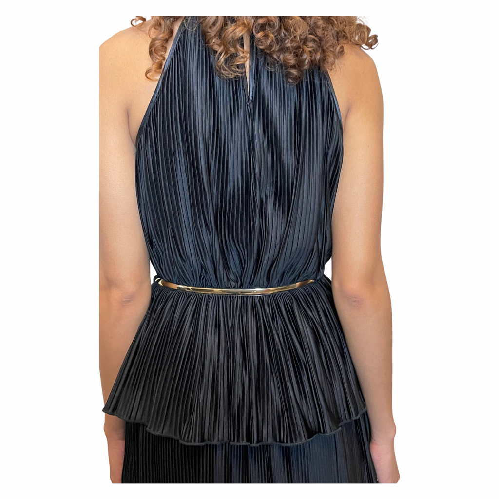 Vintage 1970's Black Thin Pleated & Tiered High Collar Dress UK 10 - 12