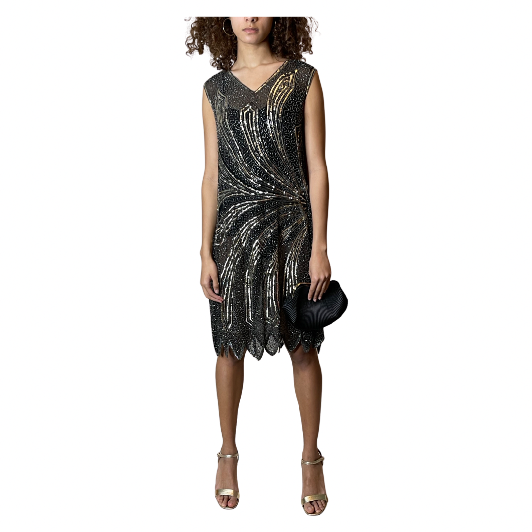 Vintage Black & Silver Sequin Flapper Dress Uk 10 - 12