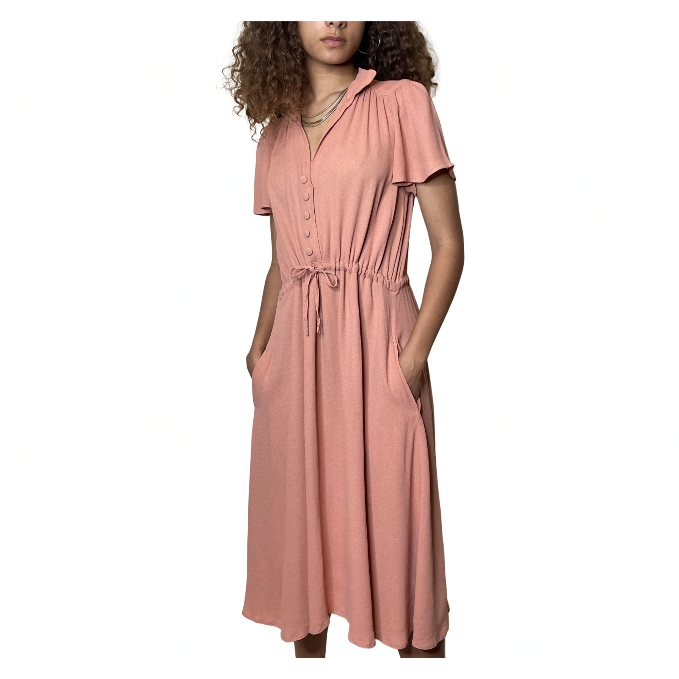 Vintage Peach Dusty Pink 1970's Radley Moss Crepe Tea Dress UK Size 12 - 14