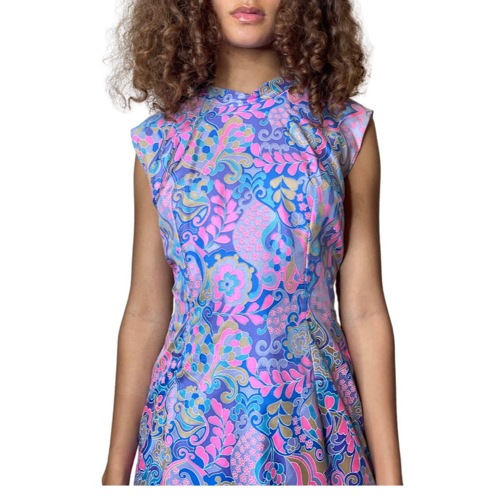 1960's Original Vintage Pure Silk Paisley Blue & Pink Pure Silk Dress UK 12 - 14