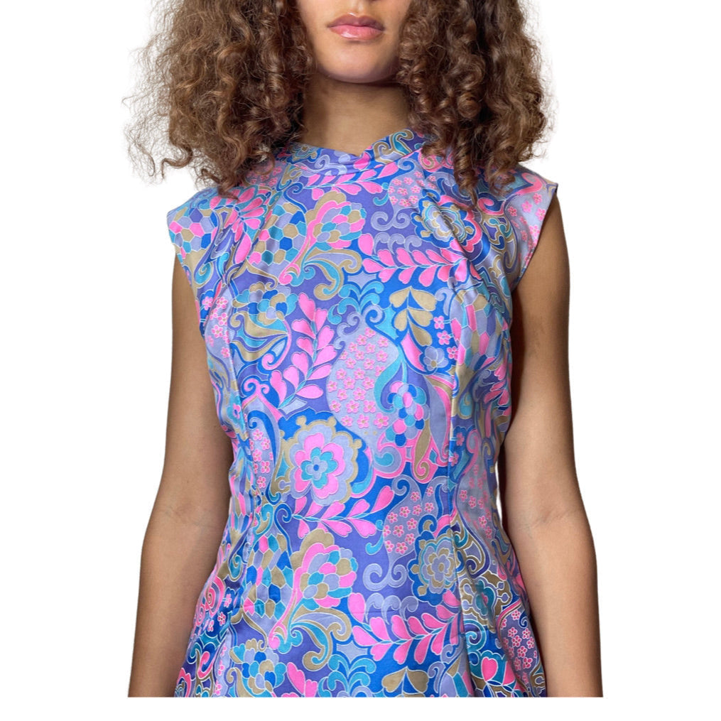 1960's Original Vintage Pure Silk Paisley Blue & Pink Pure Silk Dress UK 12 - 14