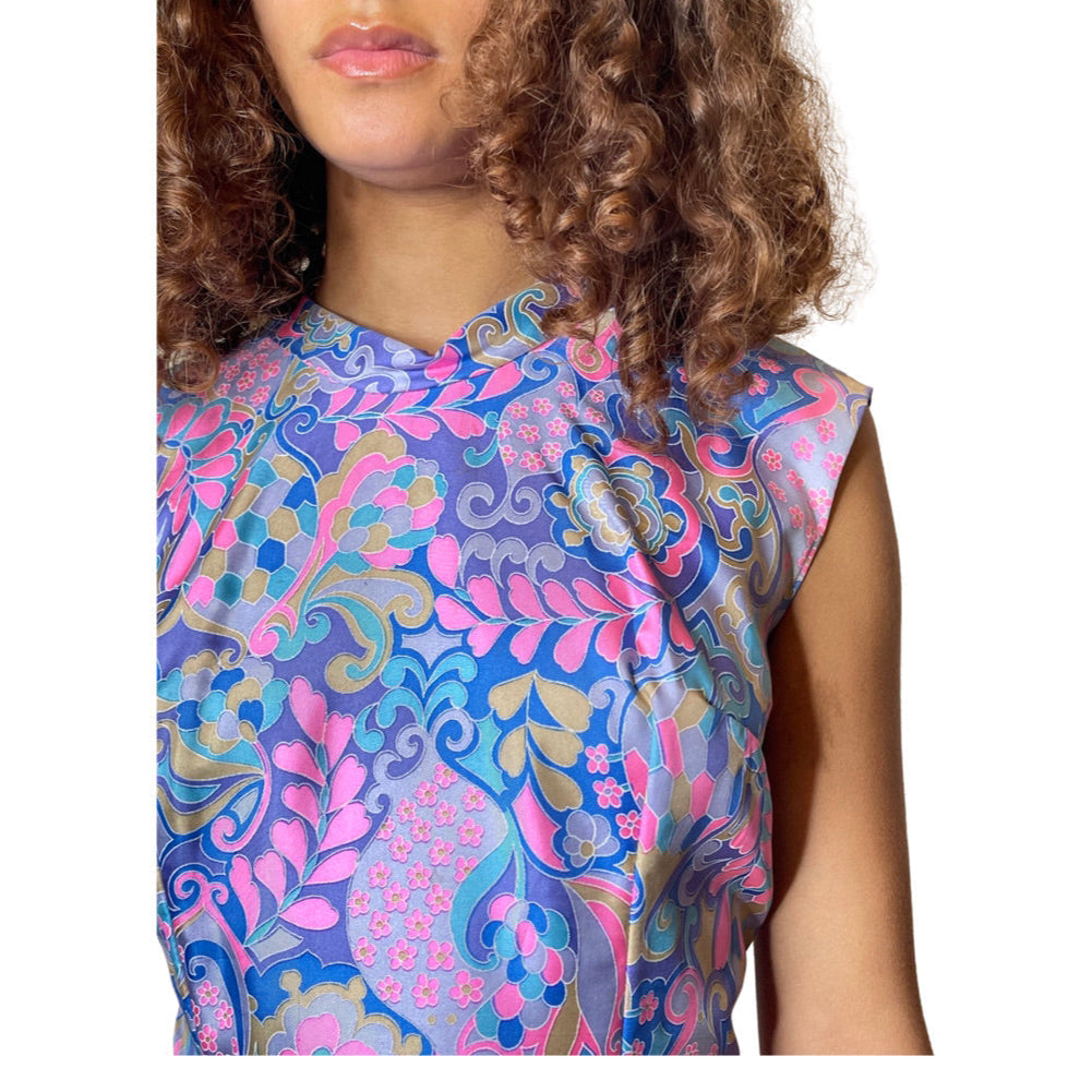 1960's Original Vintage Pure Silk Paisley Blue & Pink Pure Silk Dress UK 12 - 14