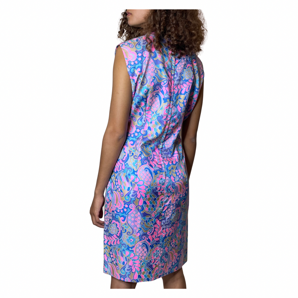 1960's Original Vintage Pure Silk Paisley Blue & Pink Pure Silk Dress UK 12 - 14