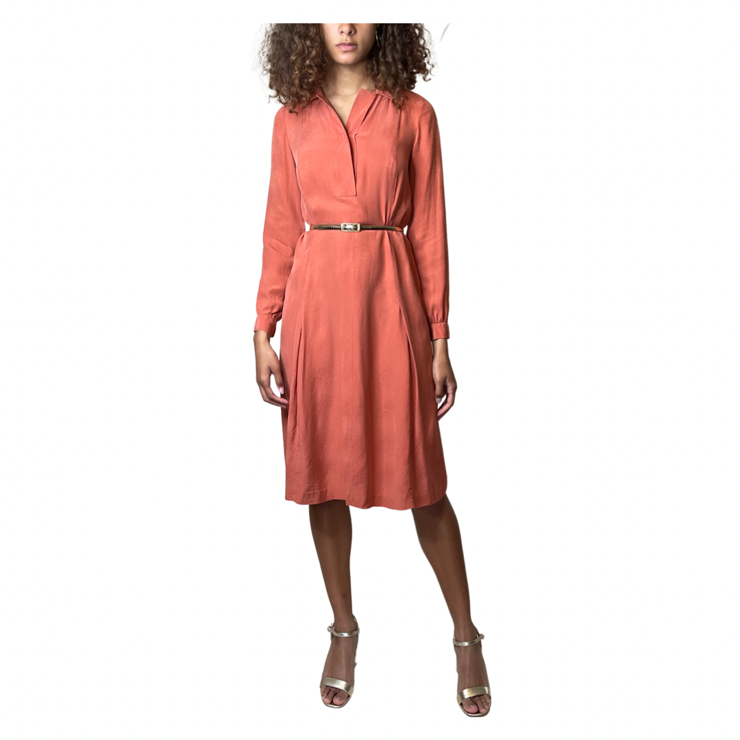 Vintage 1970's Original Pure Silk Orange Long Sleeved Shirt Dress UK 10 - 12