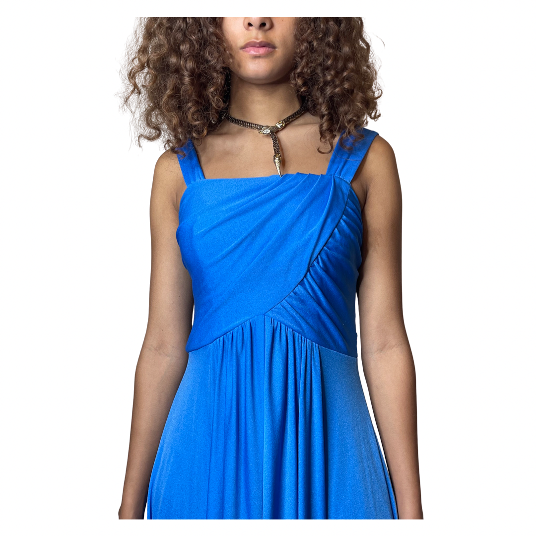 Original 1970's Electric Blue Maxi Disco Dress UK 10 - 12