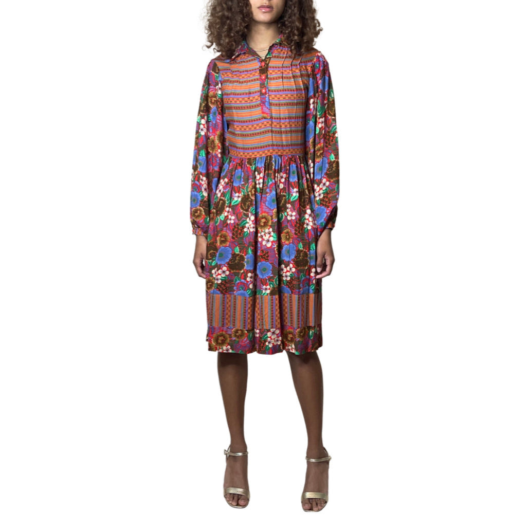 1970's Original Vintage Multi - Coloured Floral Long Sleeved Dress UK 10 - 12