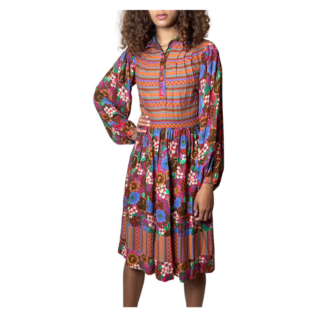 1970's Original Vintage Multi - Coloured Floral Long Sleeved Dress UK 10 - 12