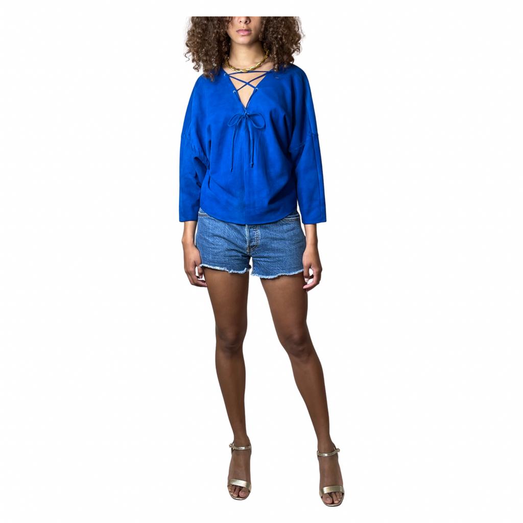 1980's Original Vintage Electric Blue Suede Italian Tie Up Top UK 10 - 14