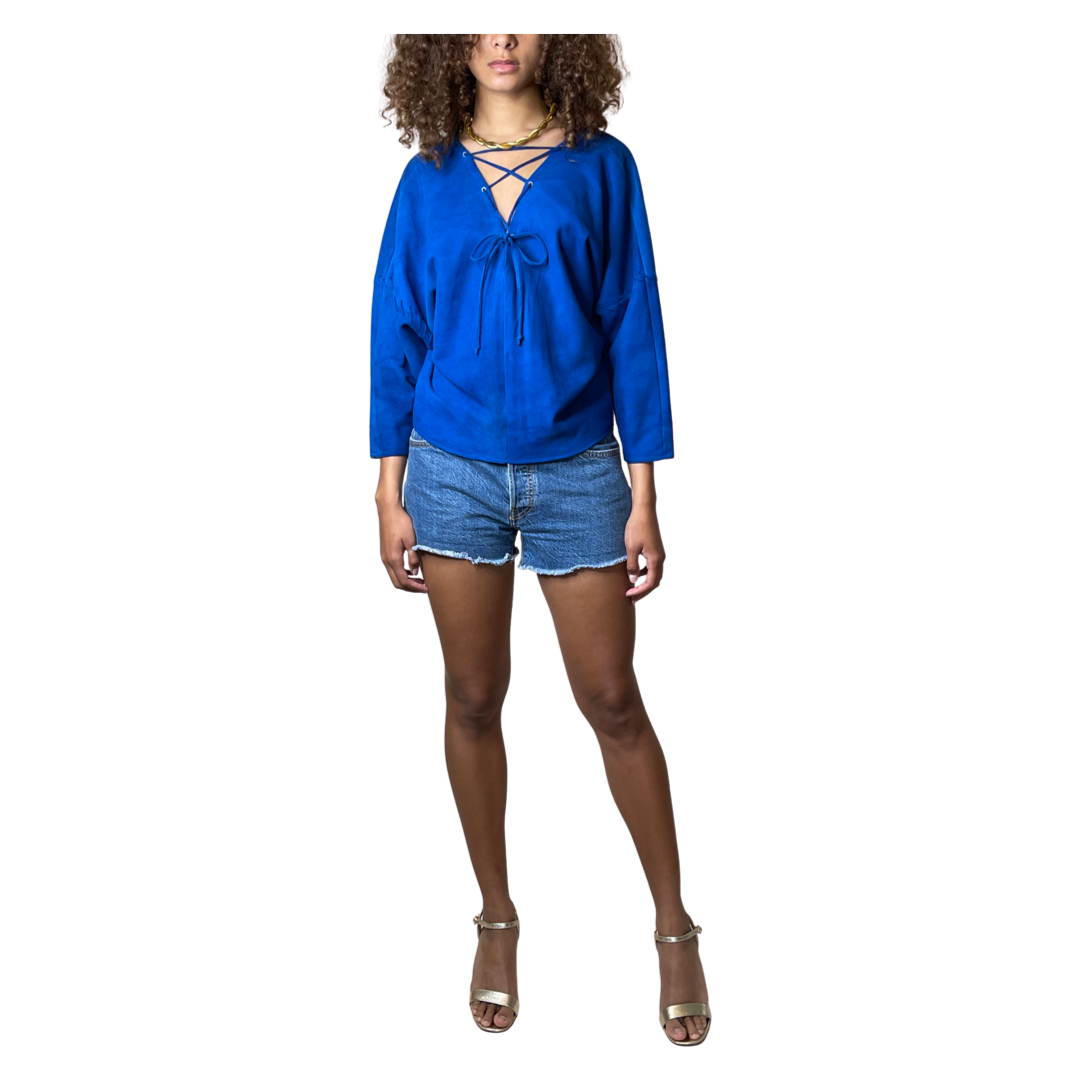 1980's Original Vintage Electric Blue Suede Italian Tie Up Top UK 10 - 14