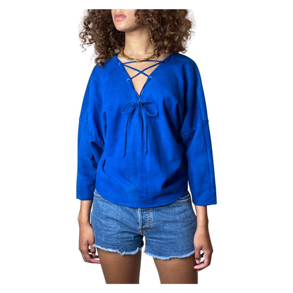 1980's Original Vintage Electric Blue Suede Italian Tie Up Top UK 10 - 14