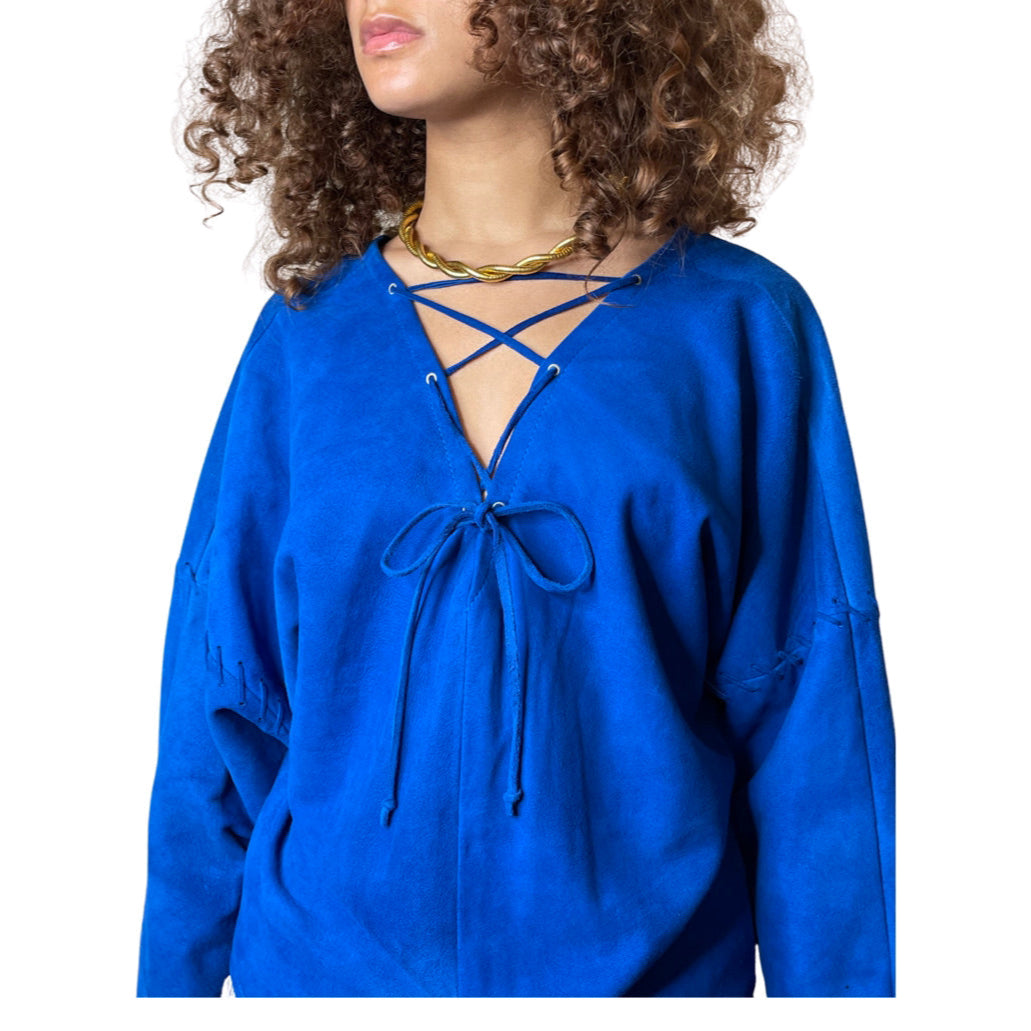 1980's Original Vintage Electric Blue Suede Italian Tie Up Top UK 10 - 14