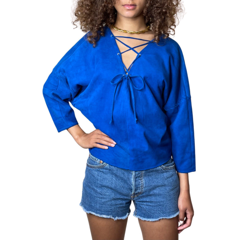 1980's Original Vintage Electric Blue Suede Italian Tie Up Top UK 10 - 14