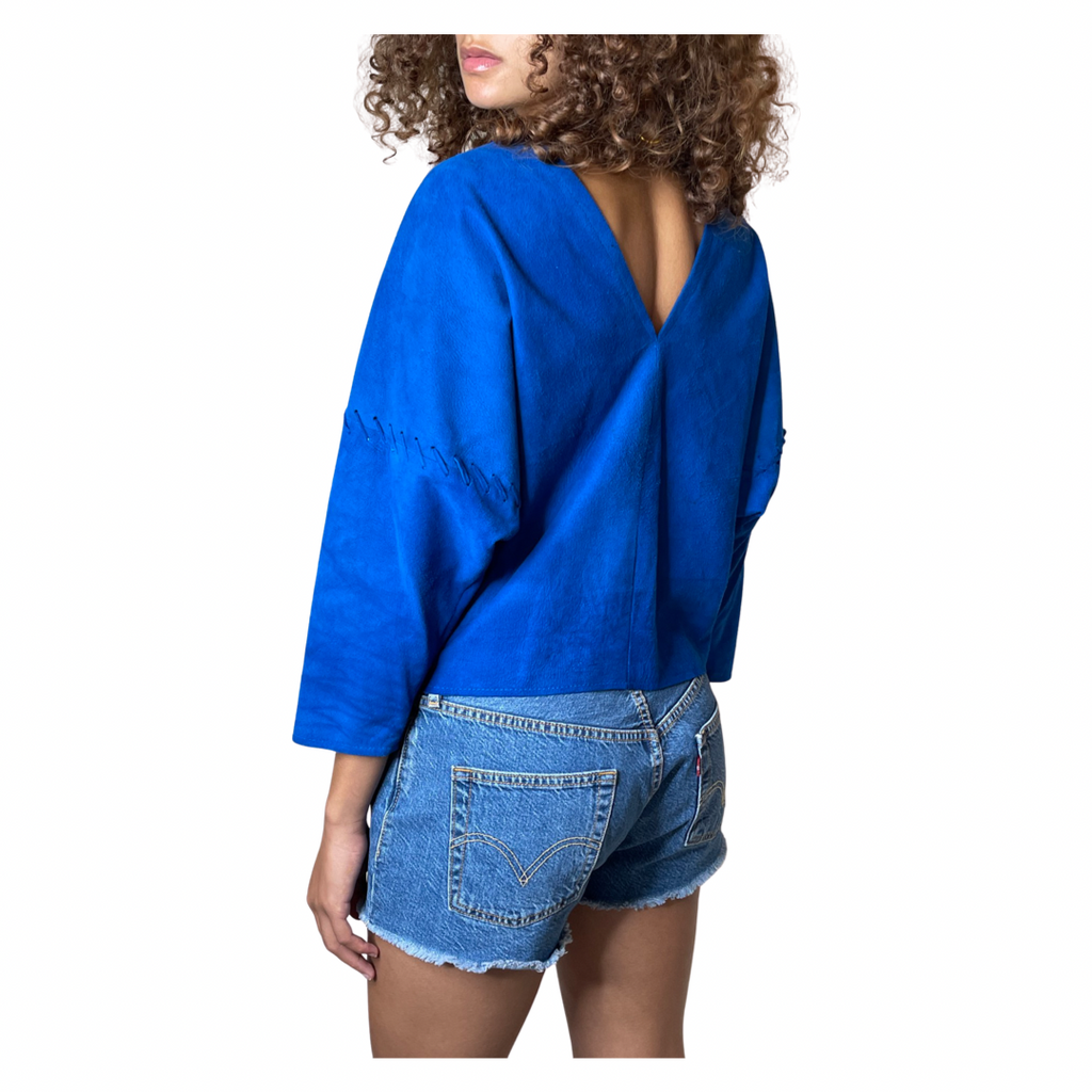 1980's Original Vintage Electric Blue Suede Italian Tie Up Top UK 10 - 14