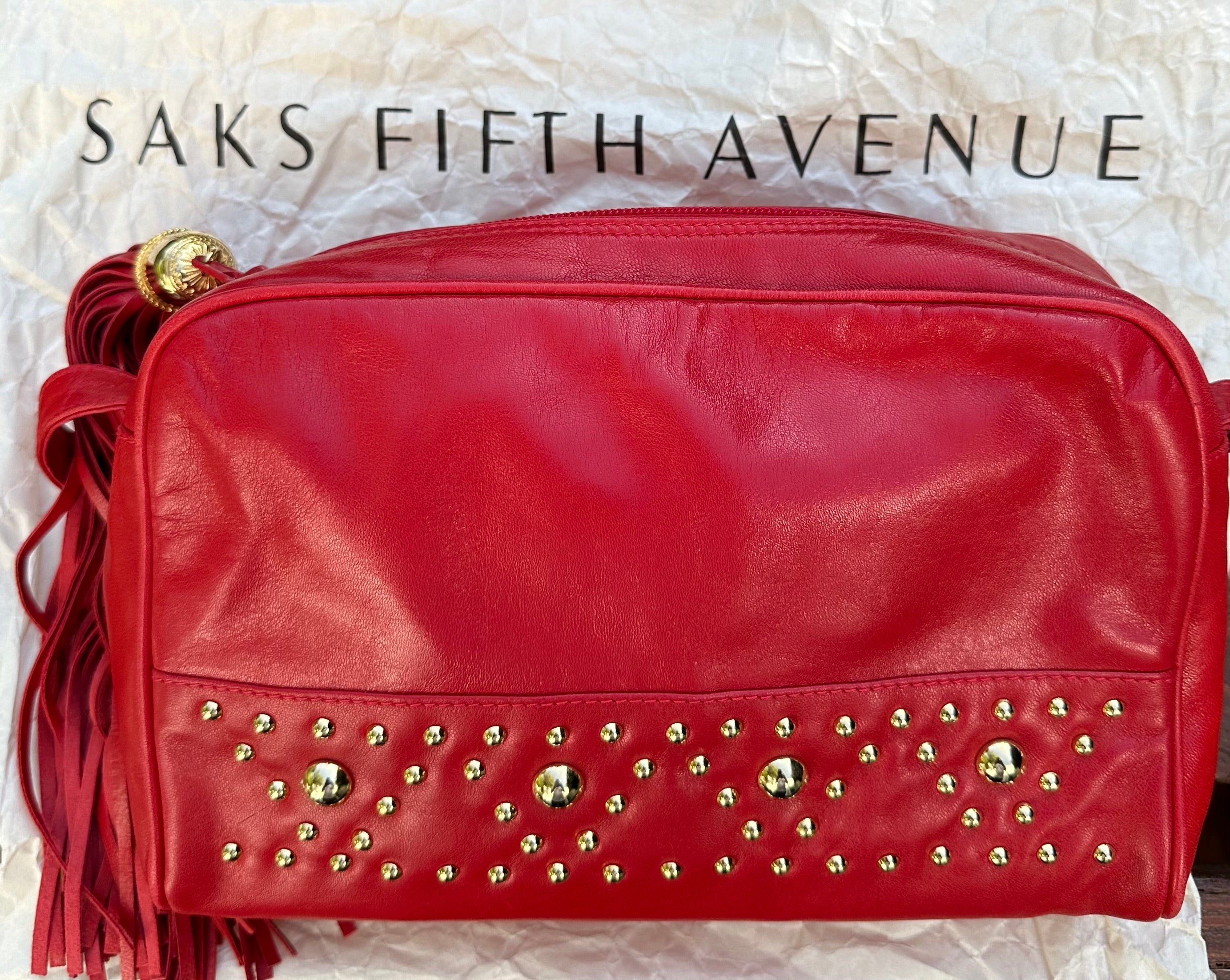 Original Preloved Saks Fifth Avenue - New York Soft Red Leather / Gold Studded Shoulder Bag