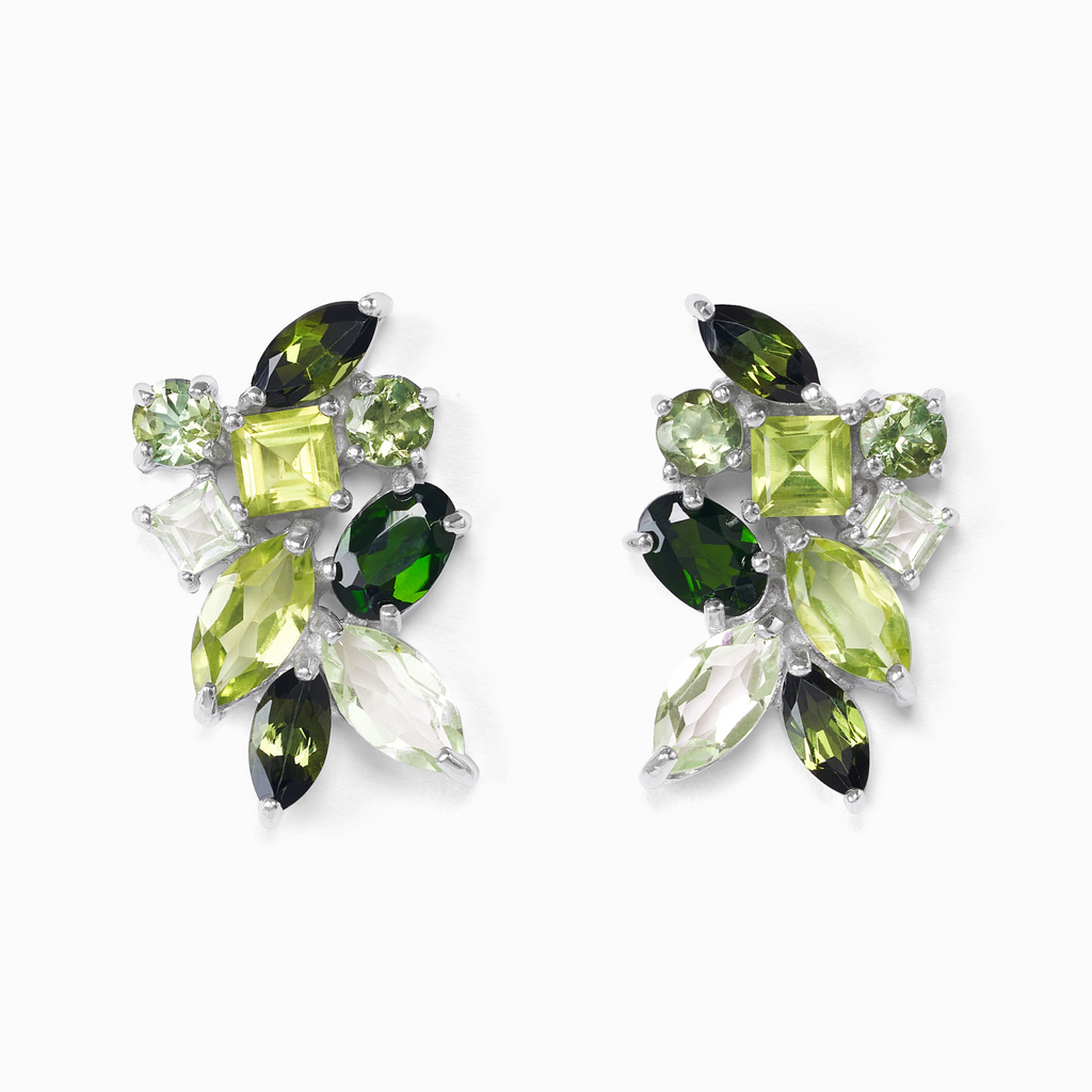 Large Green Gemstone Cluster Earrings in Sterling Silver